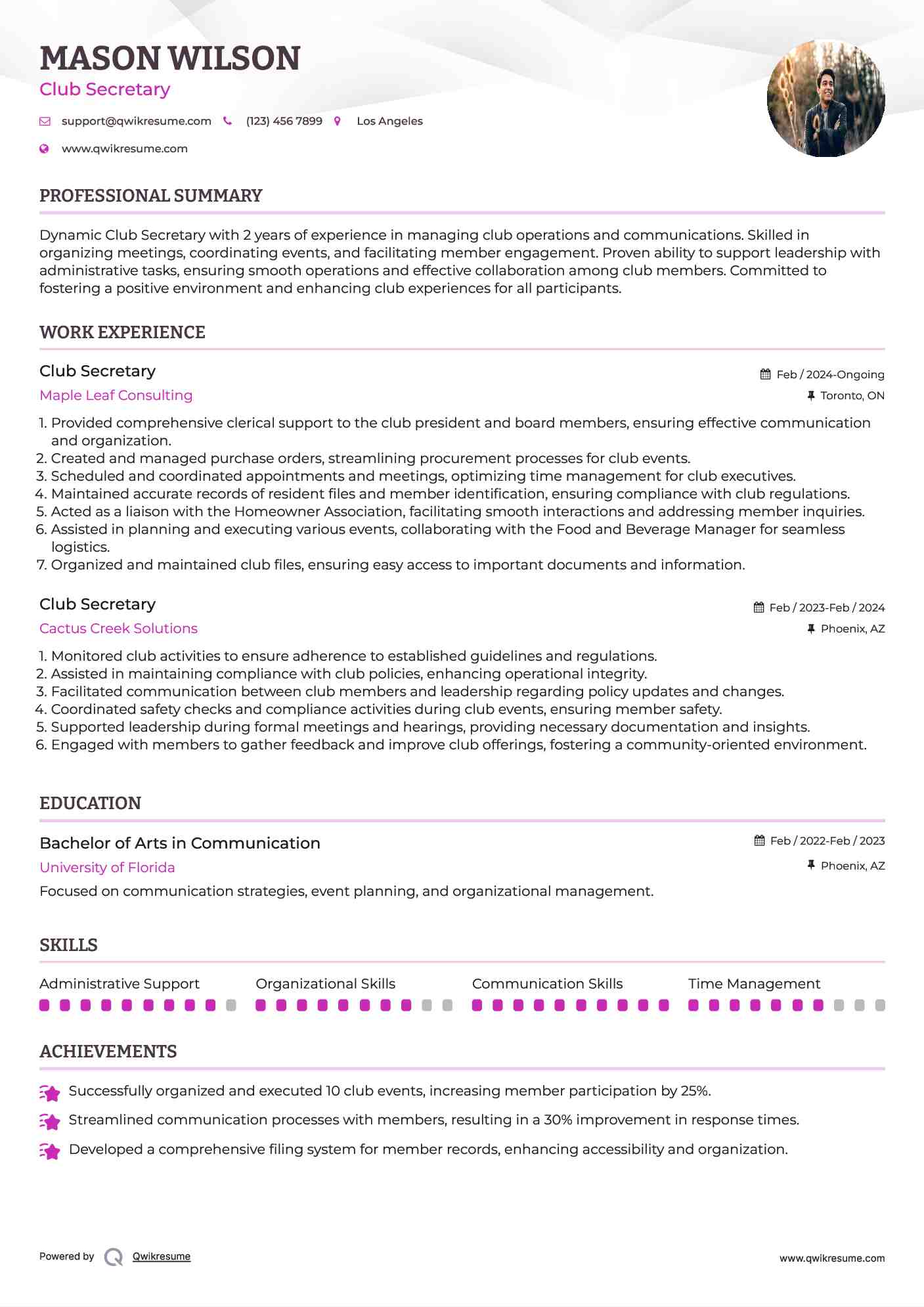 Club Secretary Resume Format
