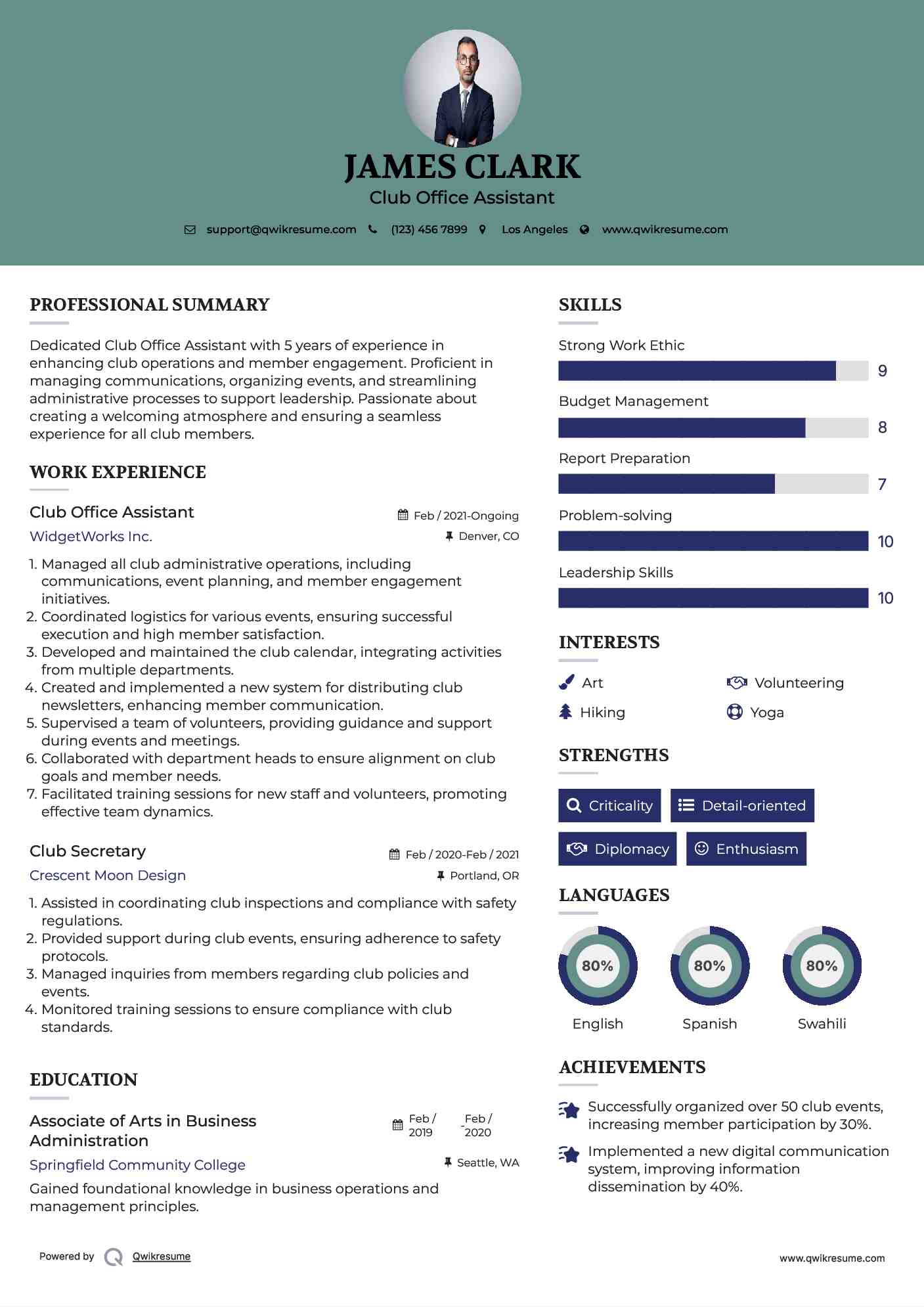 Club Office Assistant Resume Sample