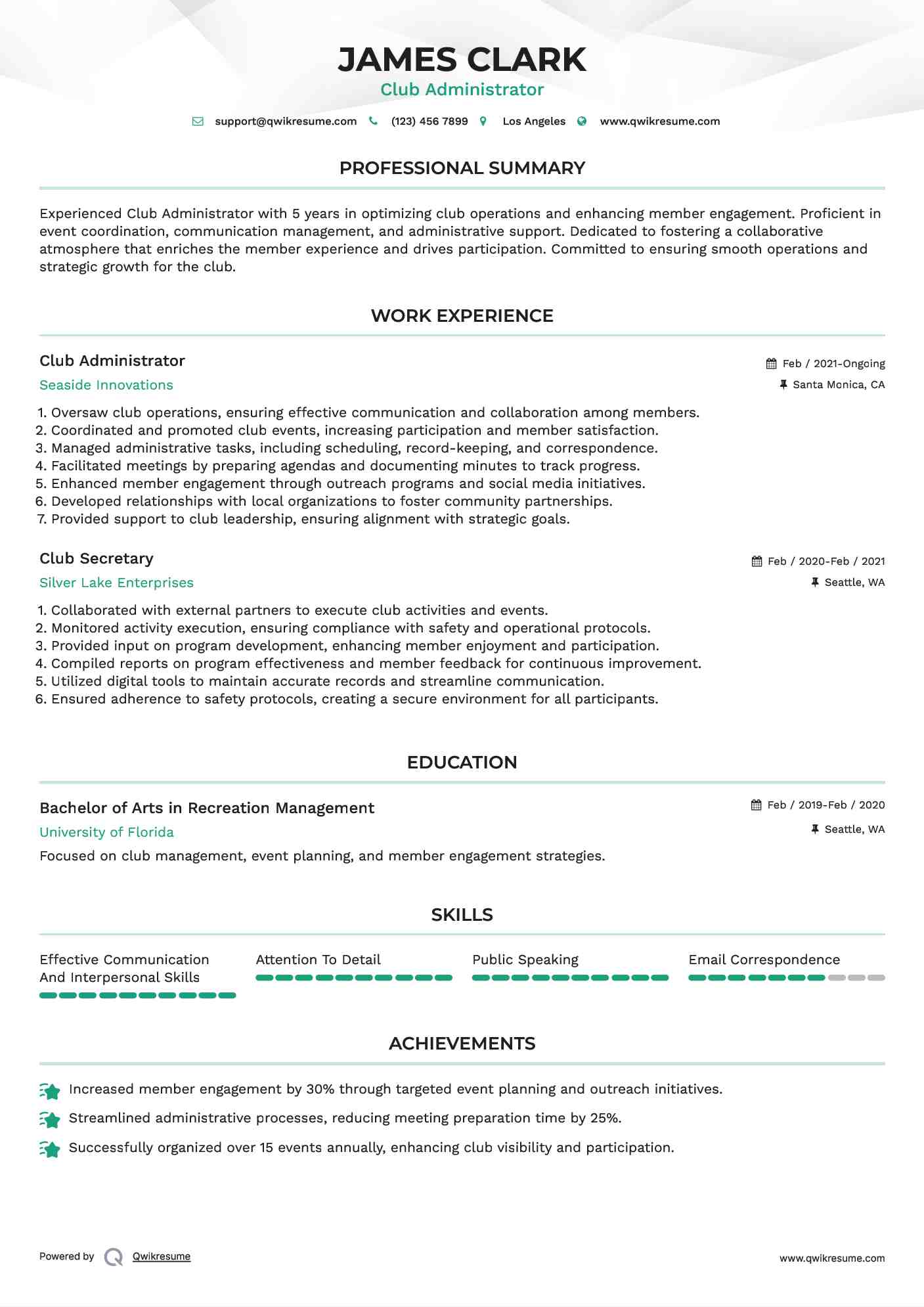 Club Administrator Resume Format