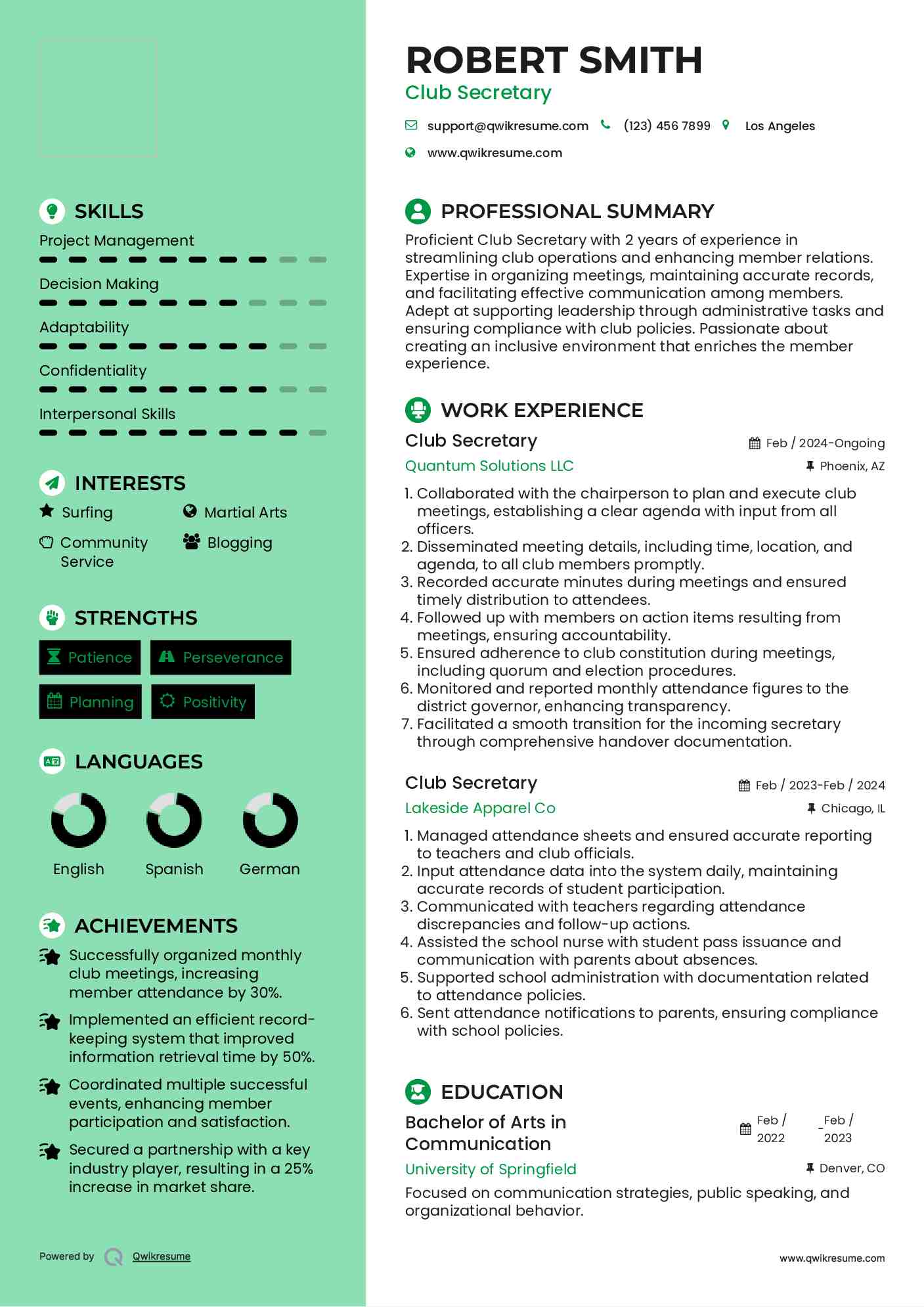 Club Secretary Resume Sample