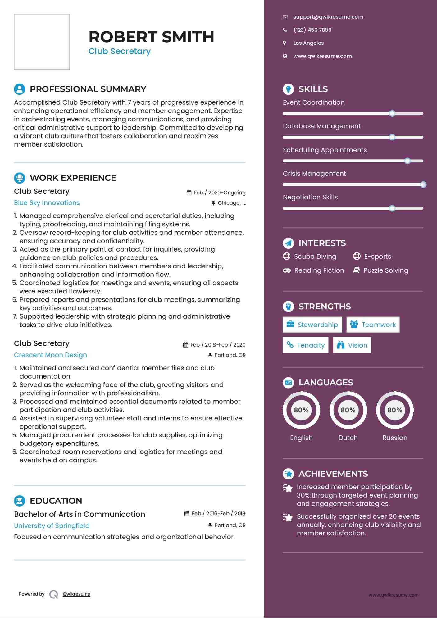 Club Secretary Resume Format