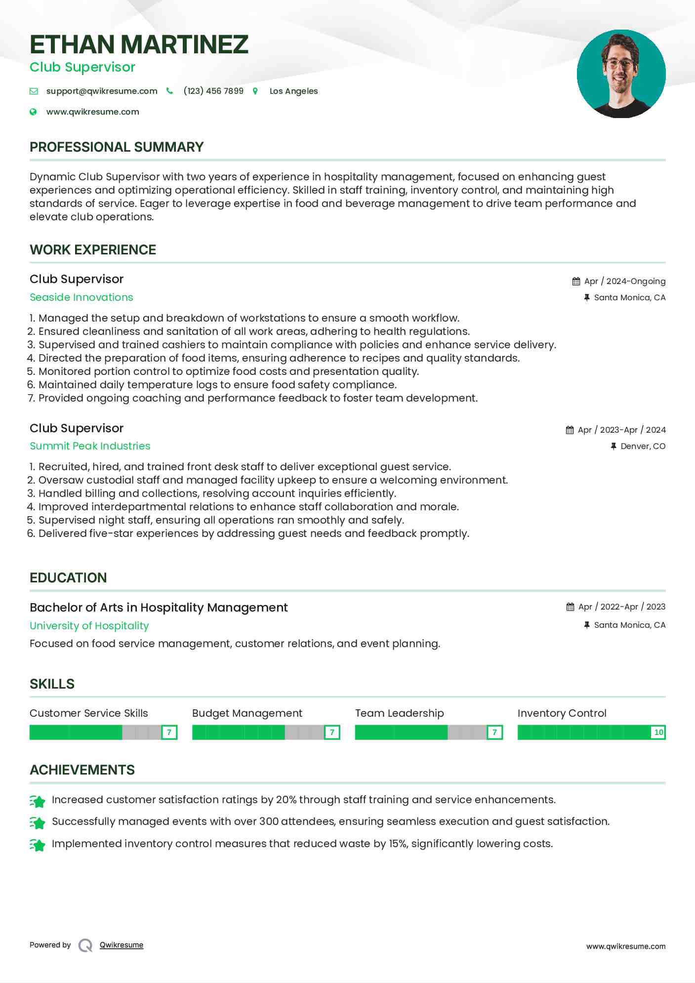 Club Supervisor Resume Example