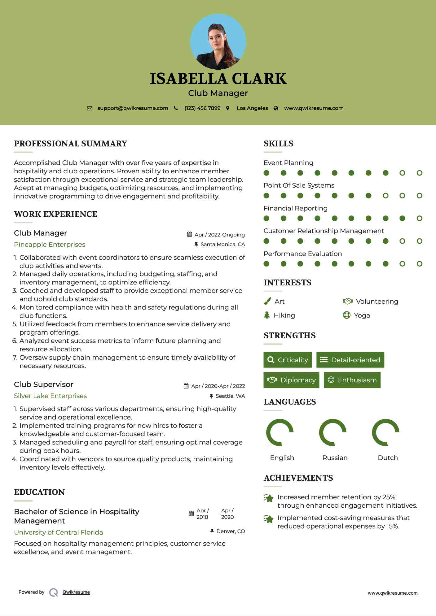 Club Manager Resume Model