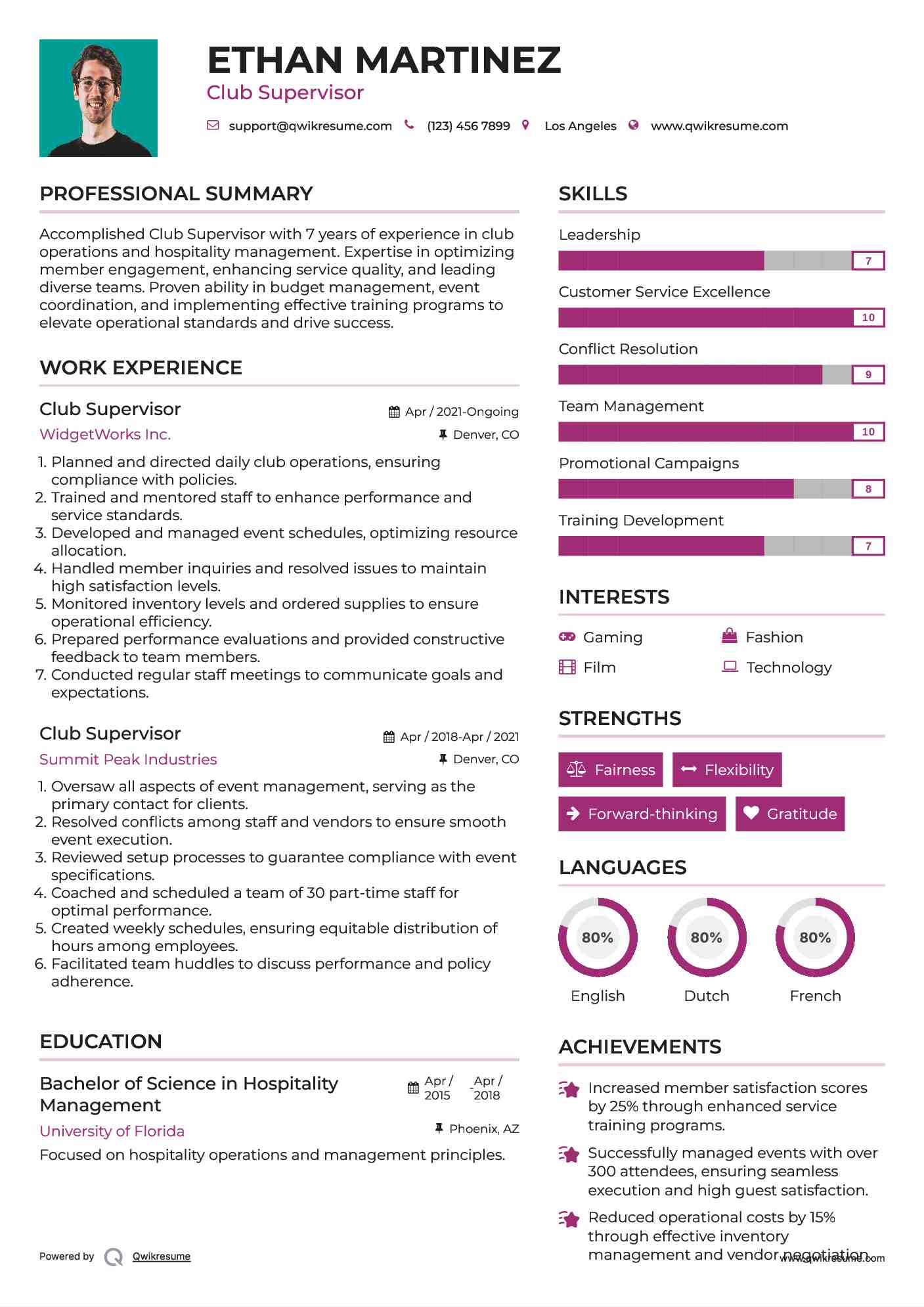 Club Supervisor Resume Example