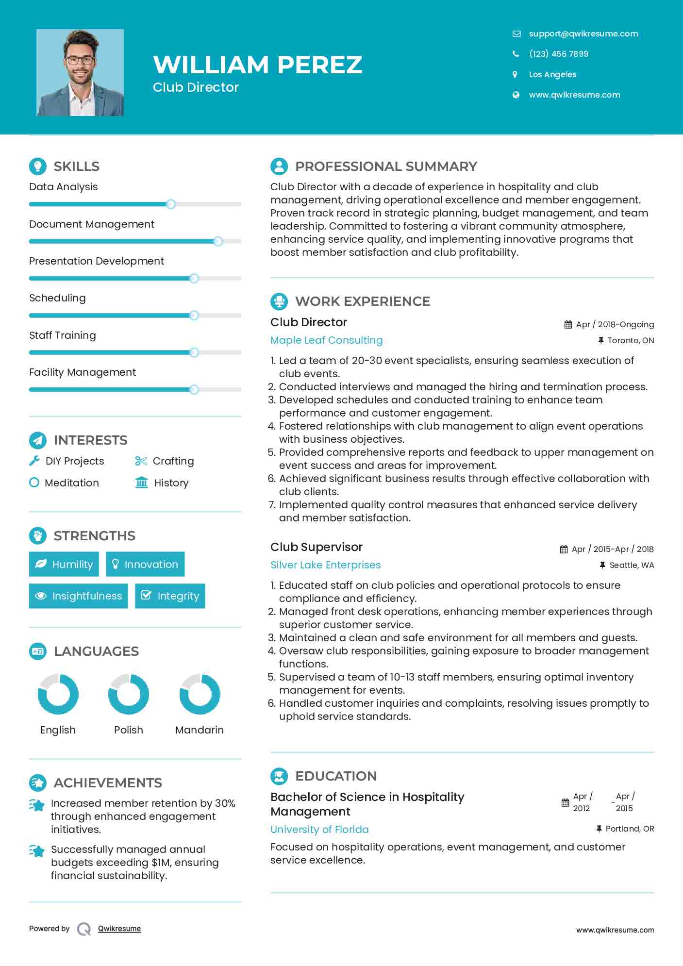 Club Director Resume Example