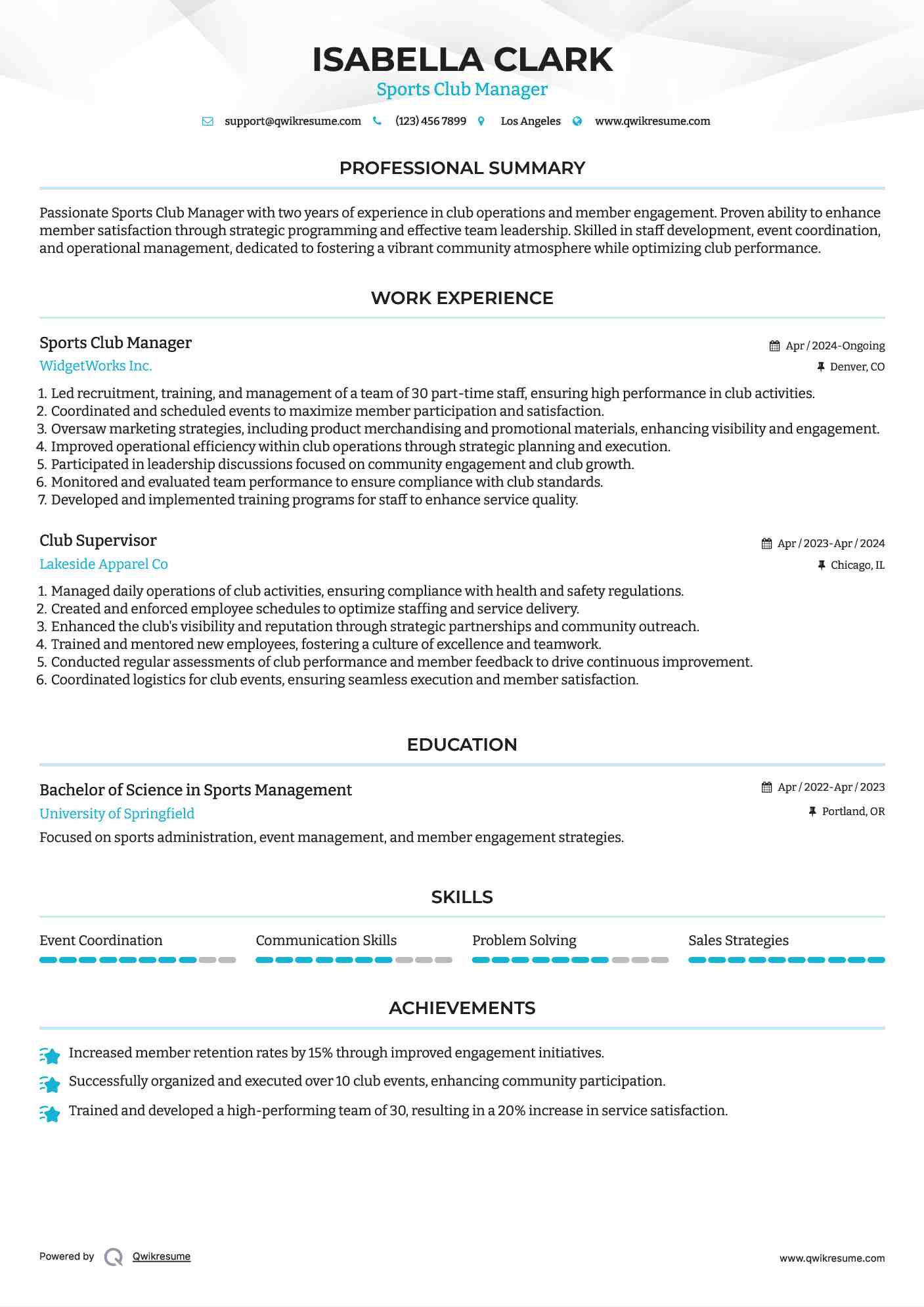 Sports Club Manager Resume Example