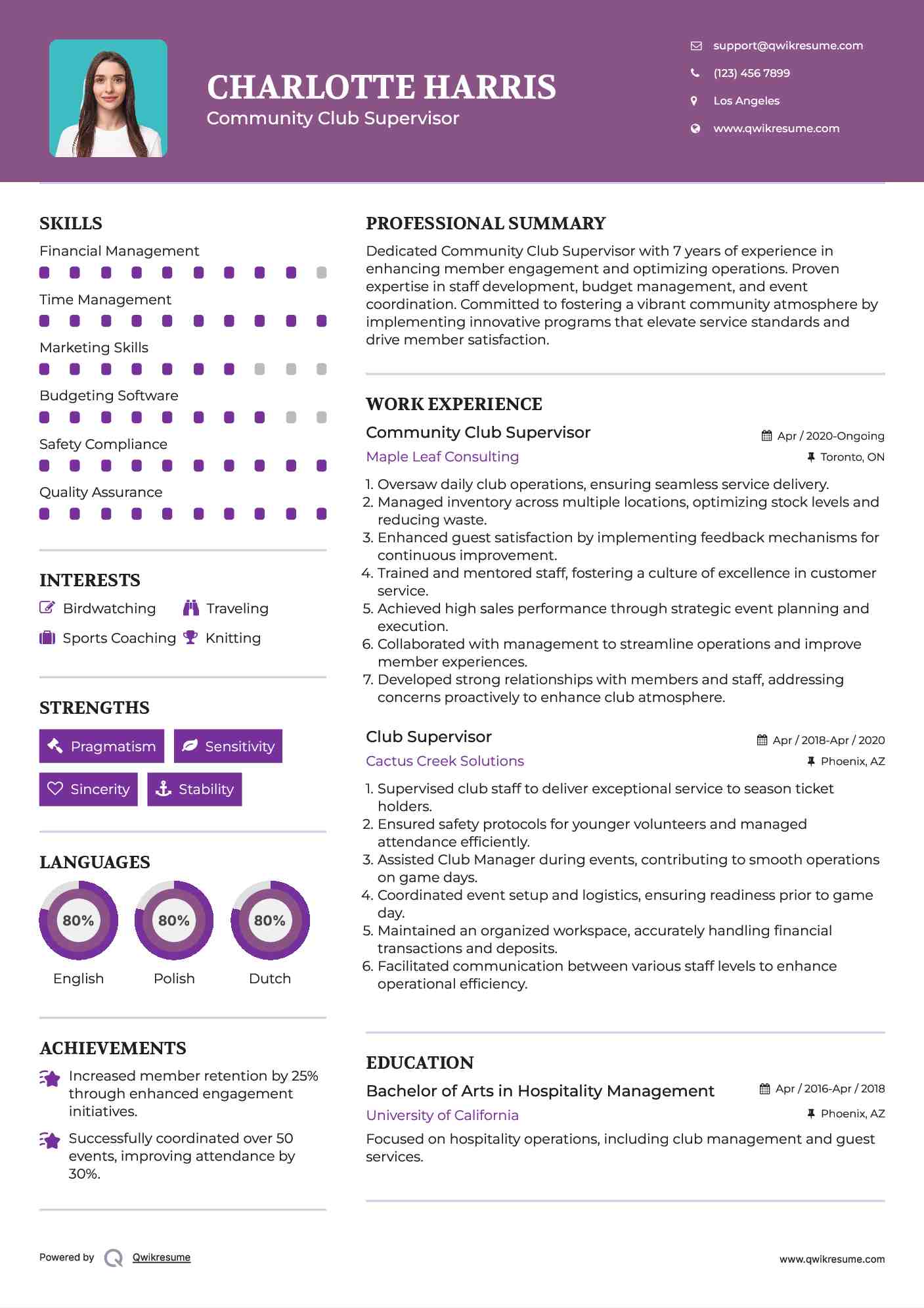 Community Club Supervisor Resume Template
