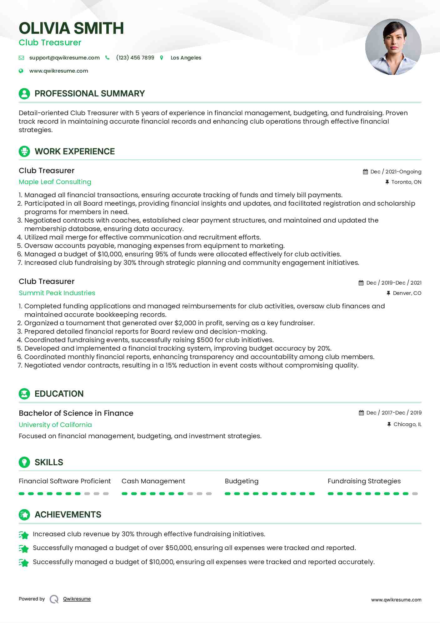 Club Treasurer Resume Template