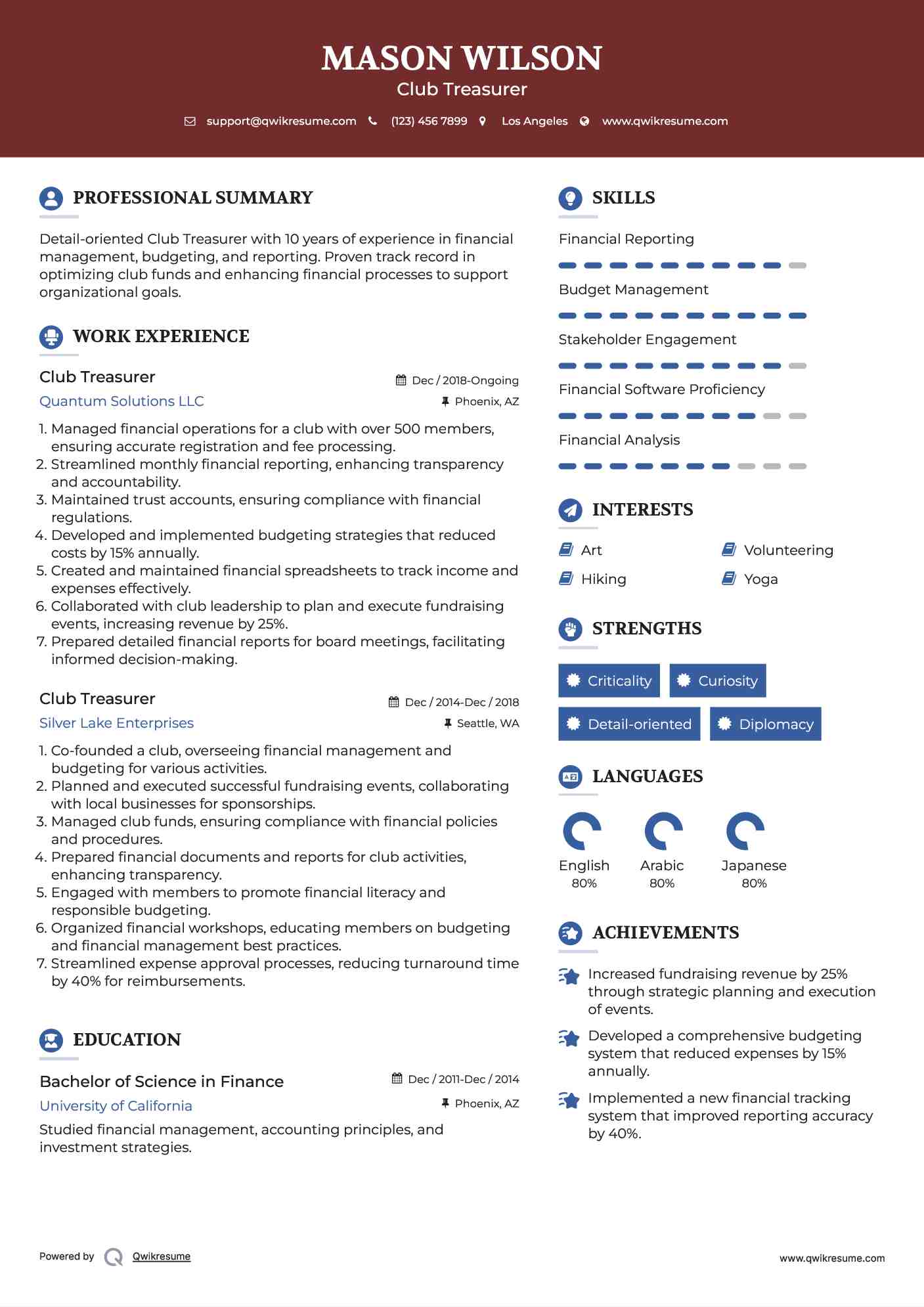 Club Treasurer Resume Example