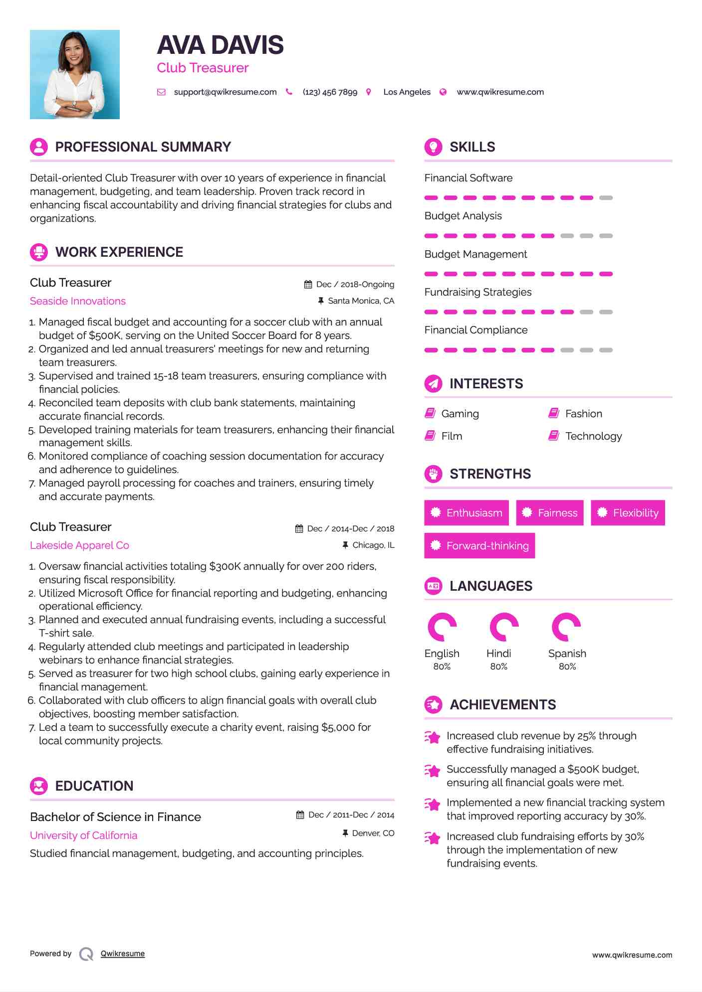 Club Treasurer Resume Example