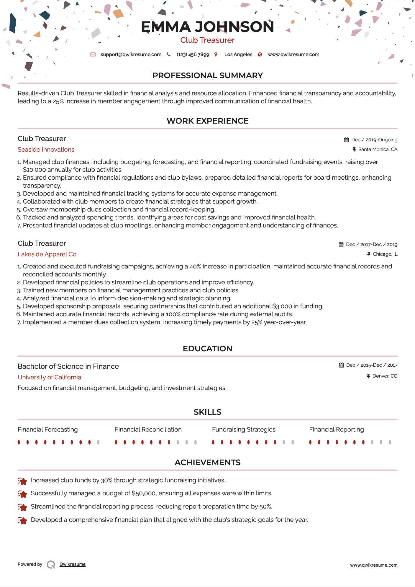 Club Treasurer Resume Format