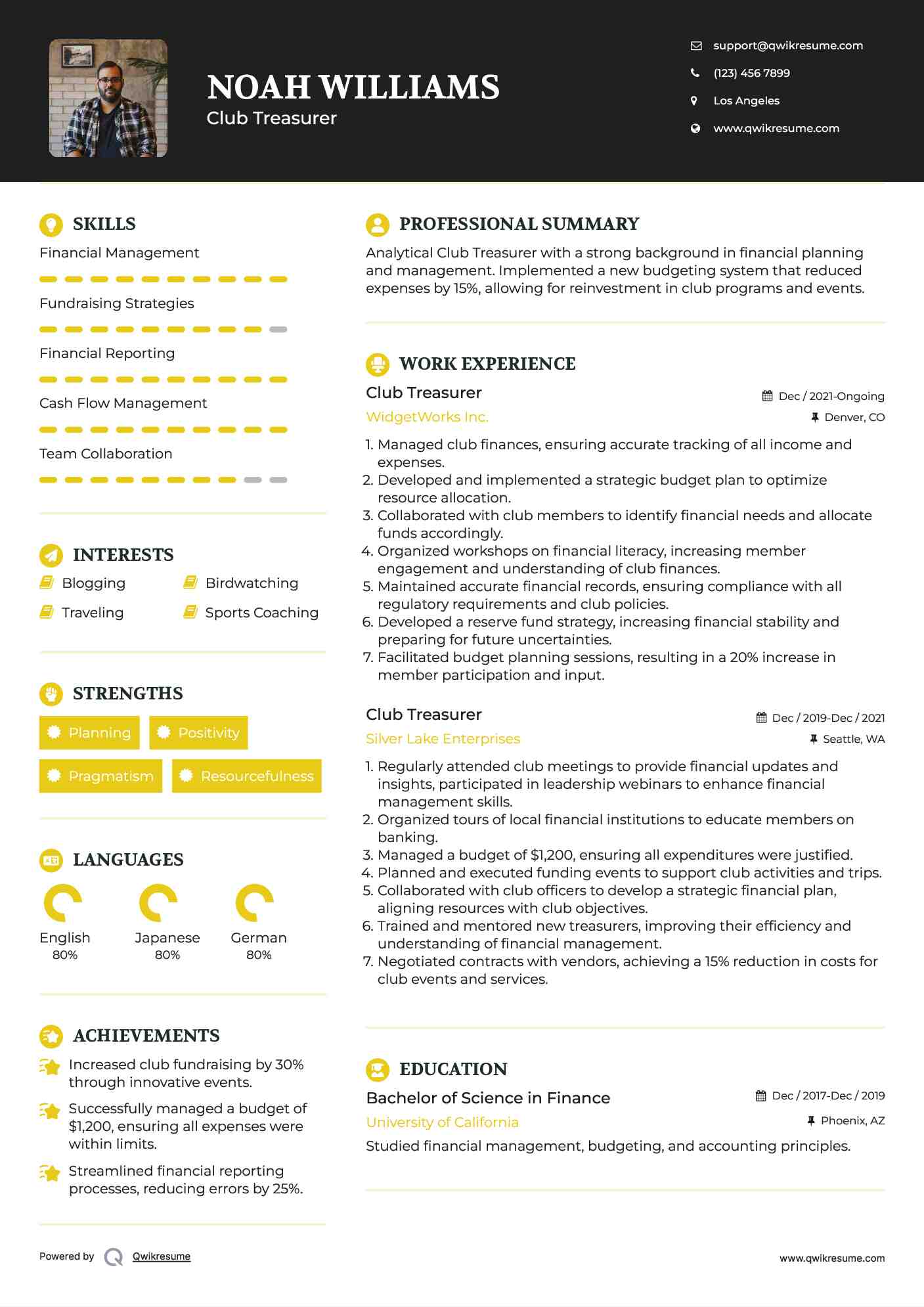 Club Treasurer Resume Sample