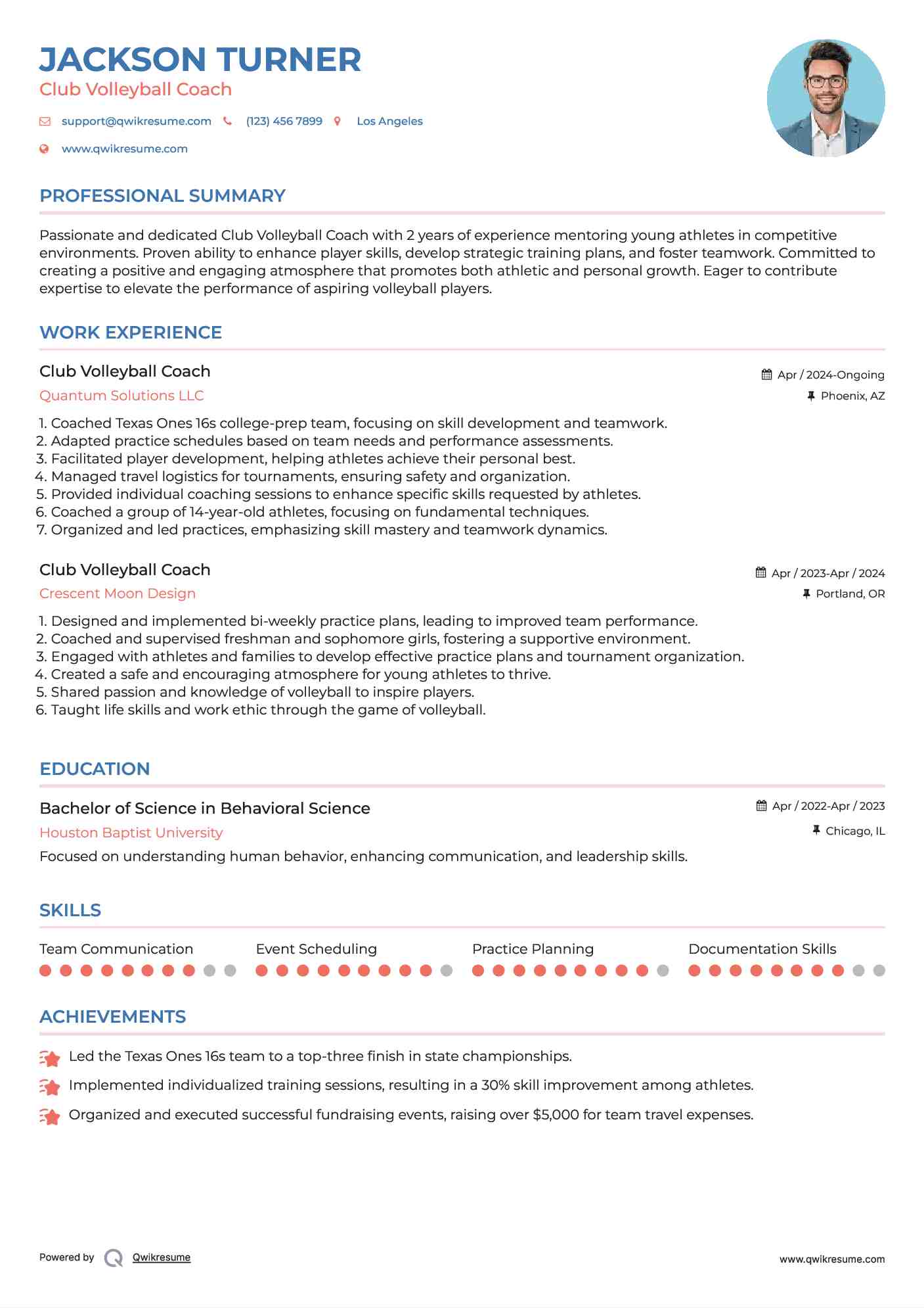 Club Volleyball Coach Resume Example