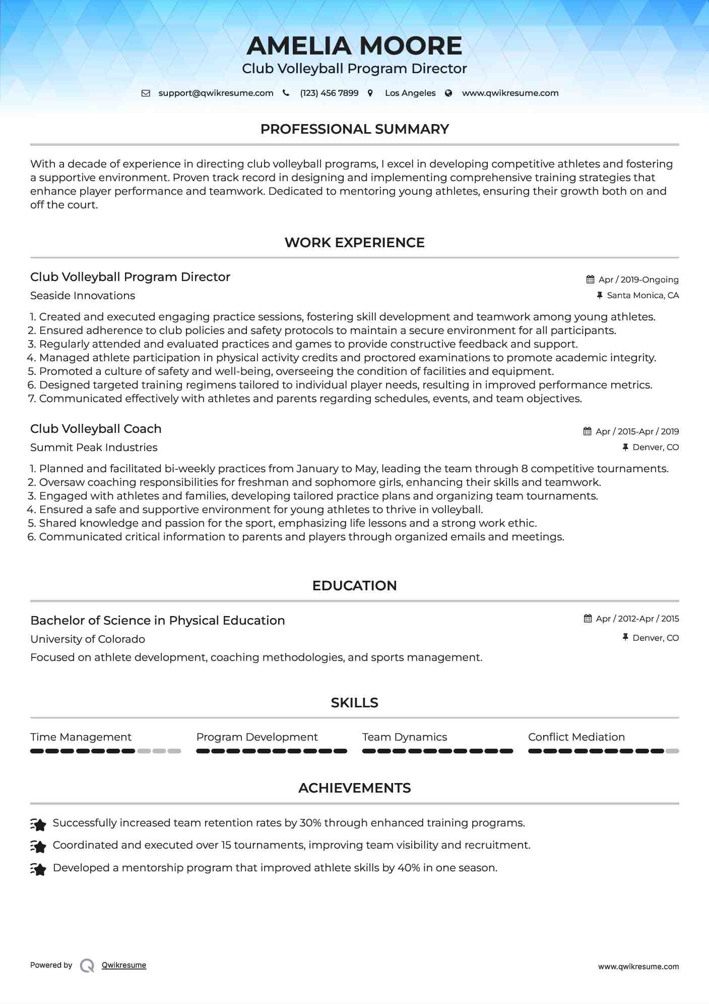 Club Volleyball Program Director Resume Example