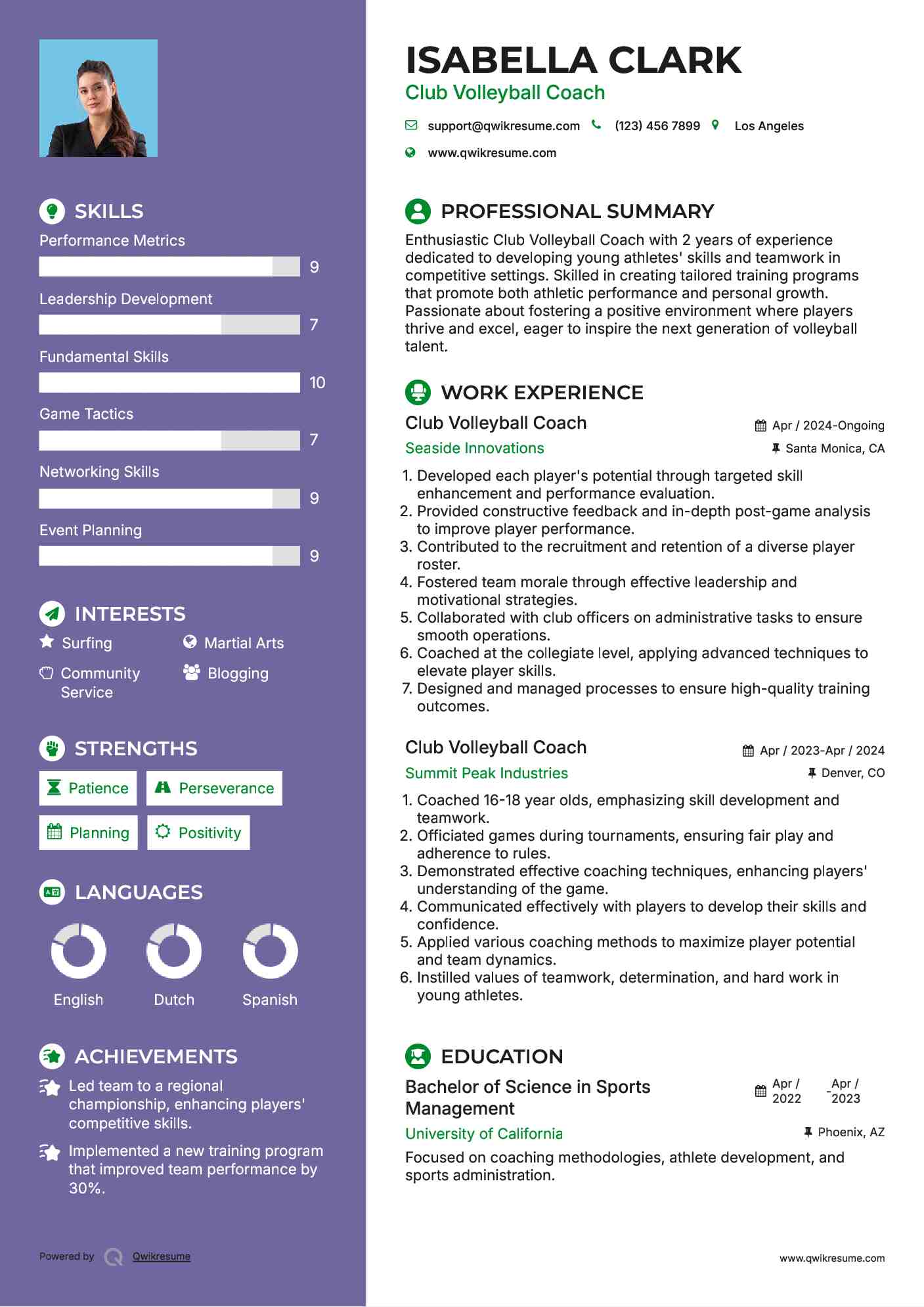 Club Volleyball Coach Resume Example