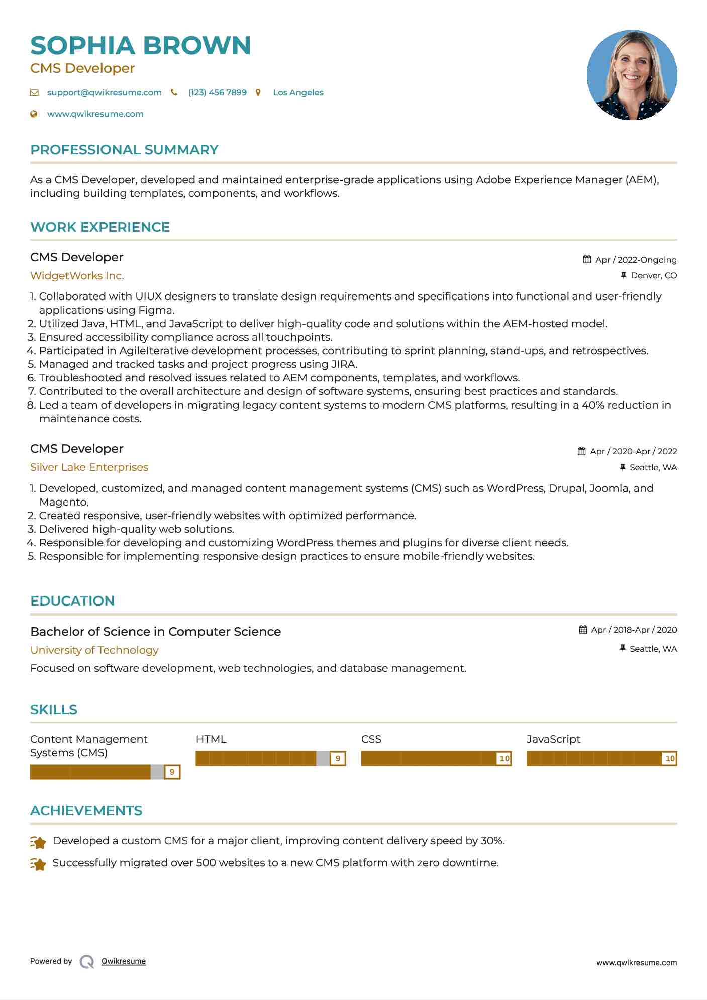 CMS Developer Resume Model