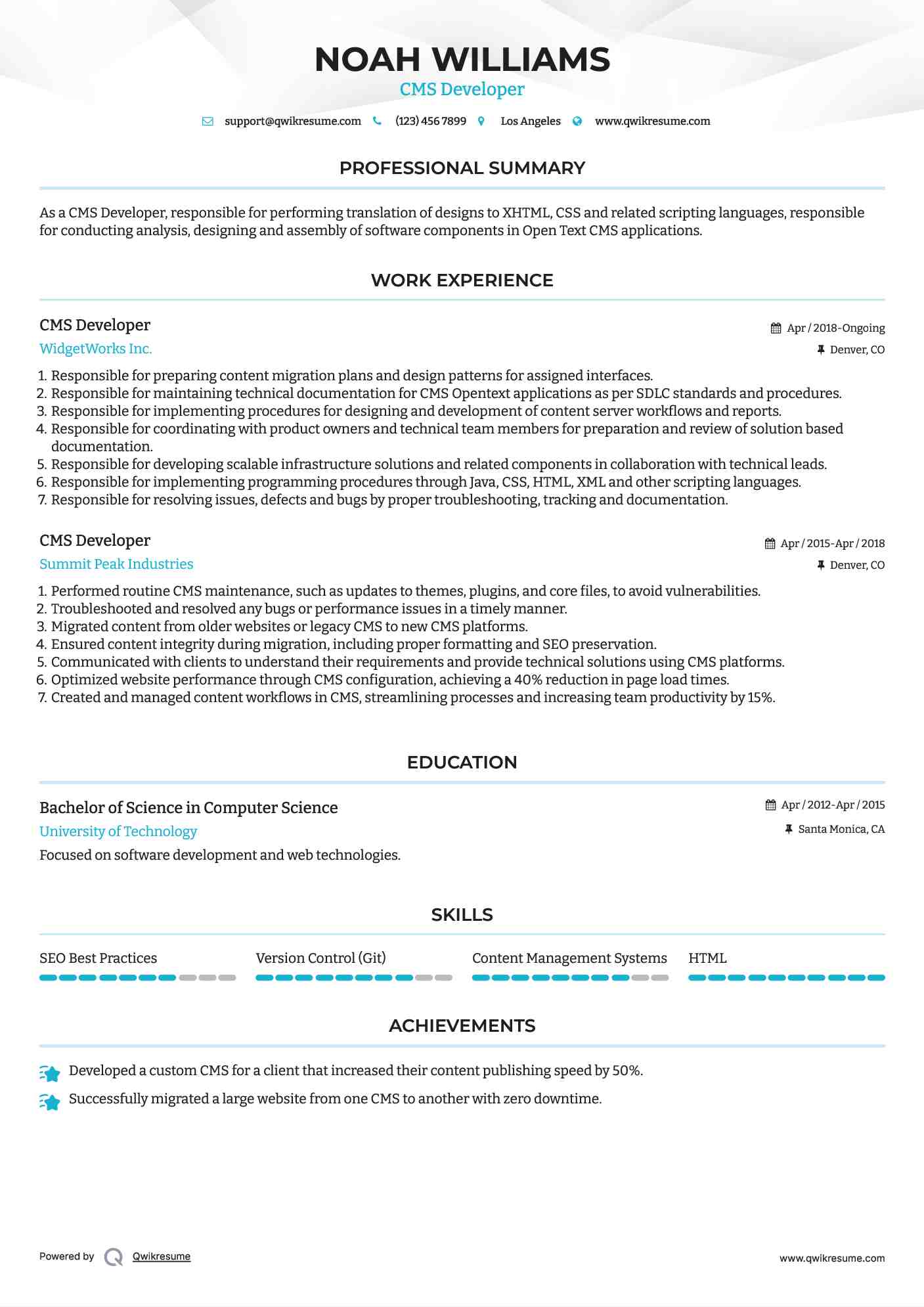 CMS Developer Resume Example