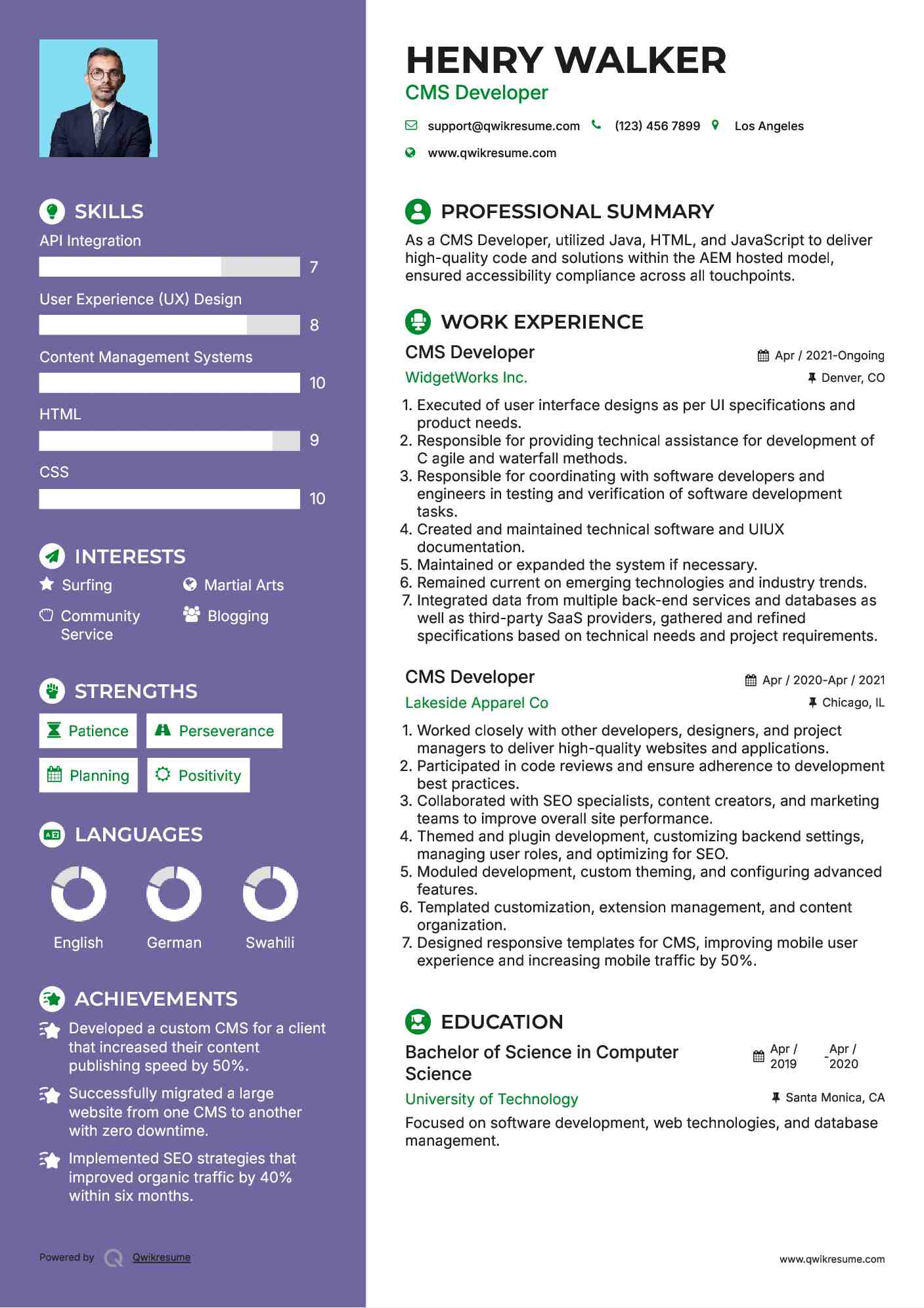 CMS Developer Resume Example
