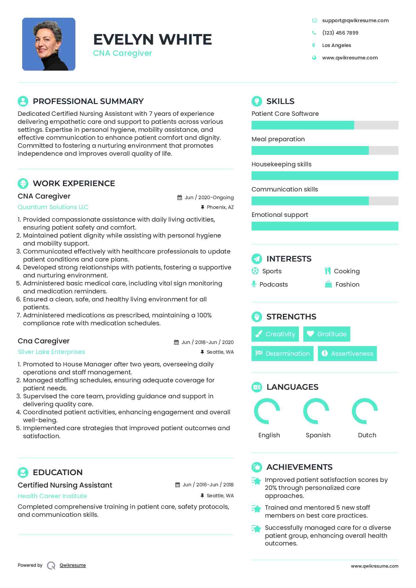 CNA Caregiver Resume Example