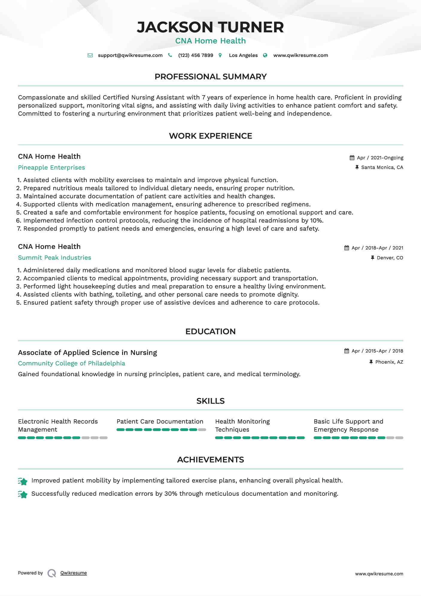 CNA Home Health Resume Format