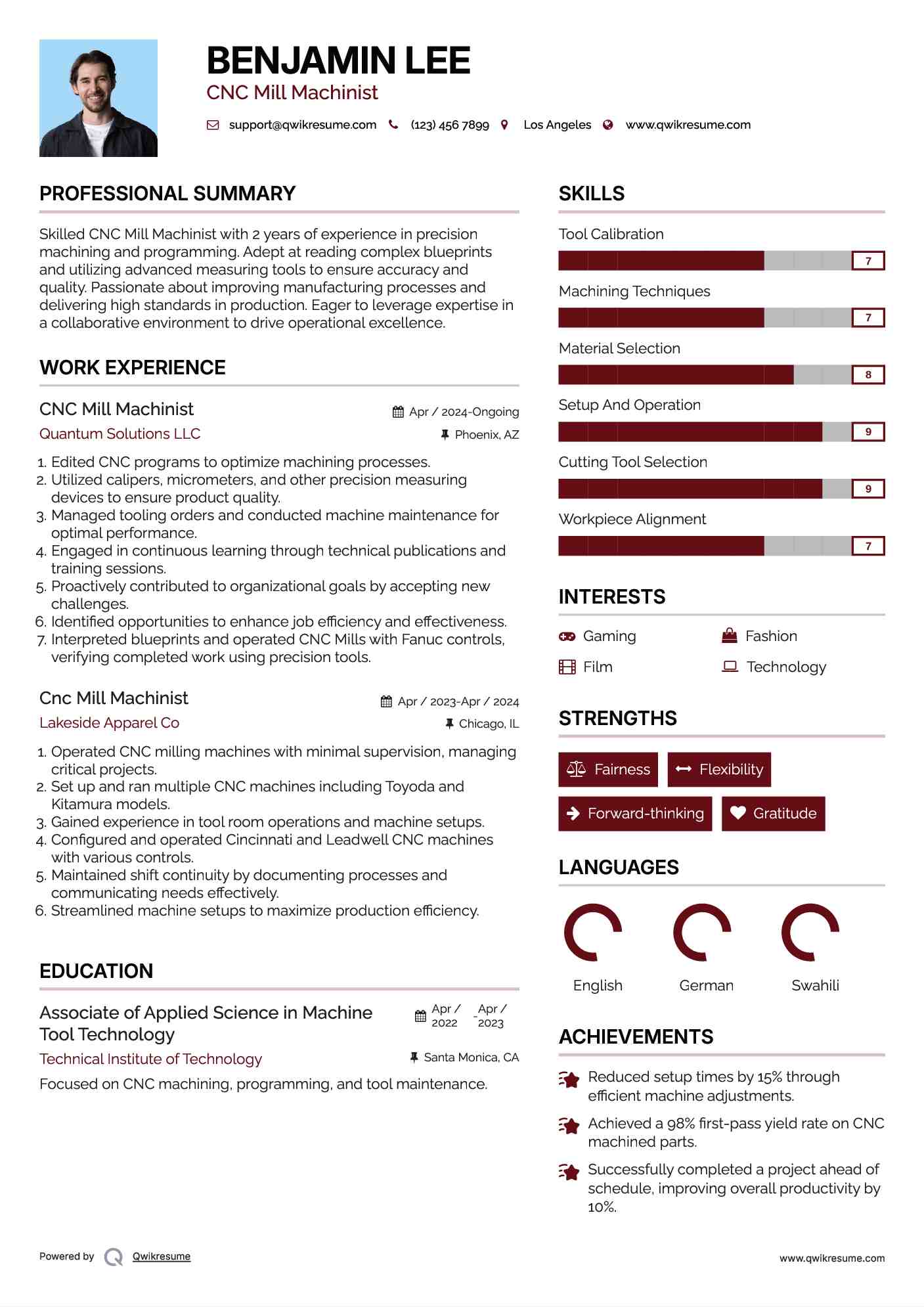 CNC Mill Machinist Resume Model