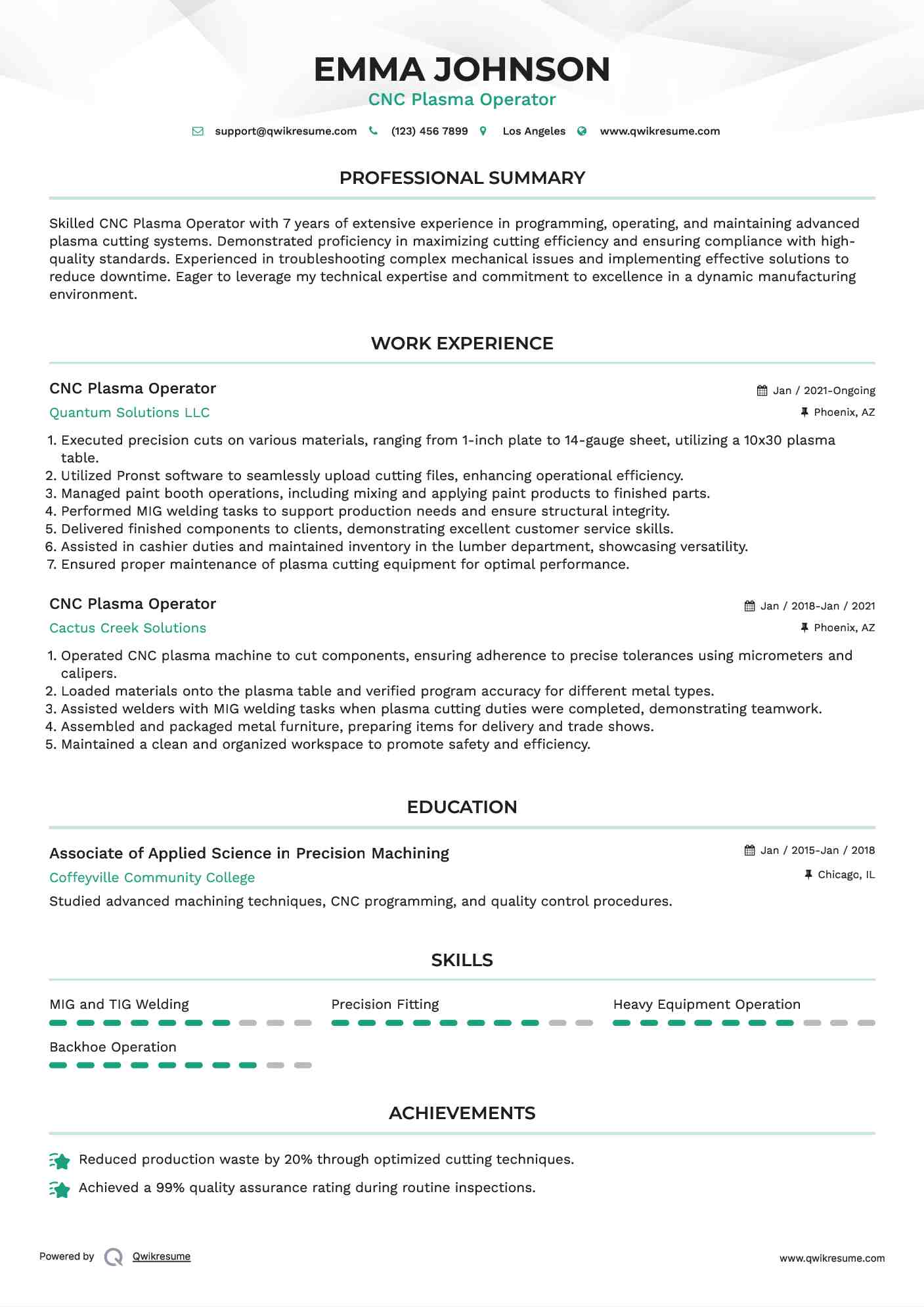 CNC Plasma Operator Resume Samples QwikResume