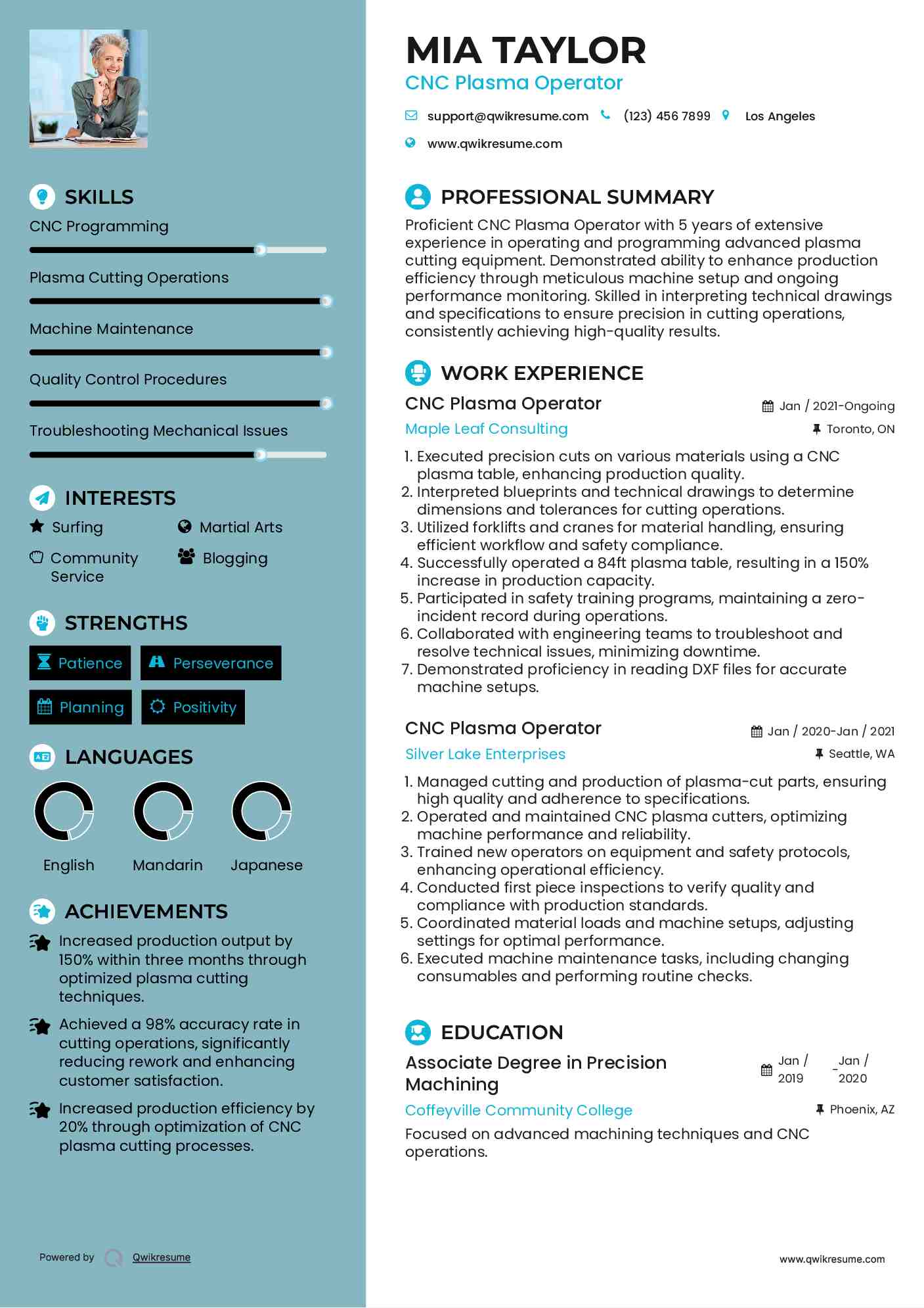 CNC Plasma Operator Resume Model