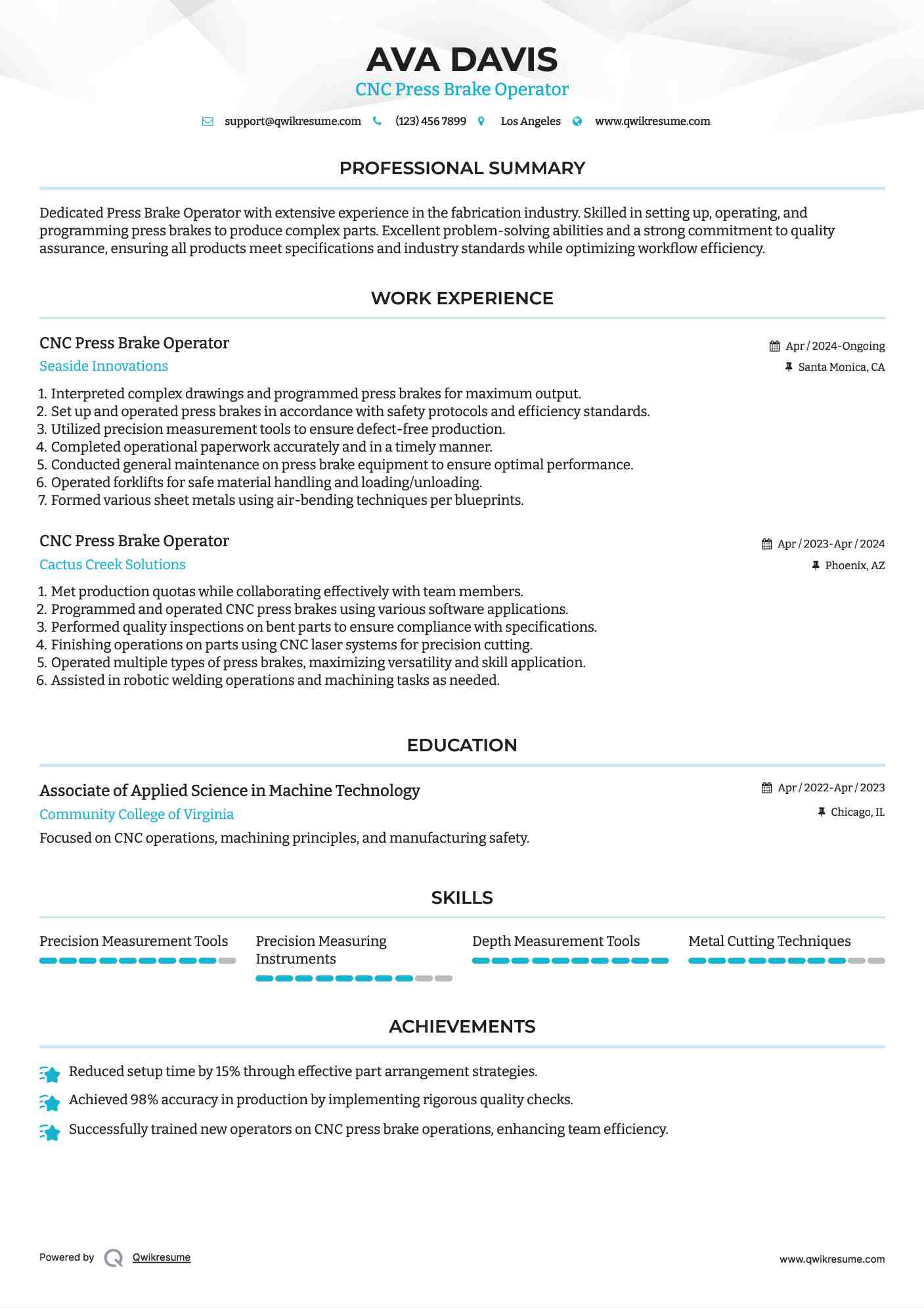 CNC Press Brake Operator Resume Format