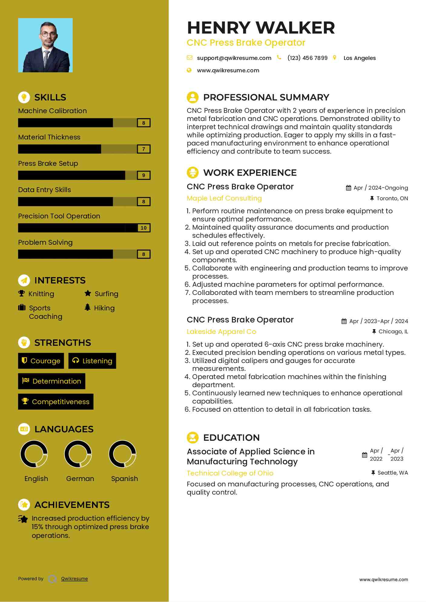 CNC Press Brake Operator Resume Template