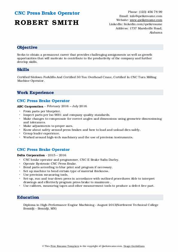 CNC Press Brake Operator Resume Samples QwikResume