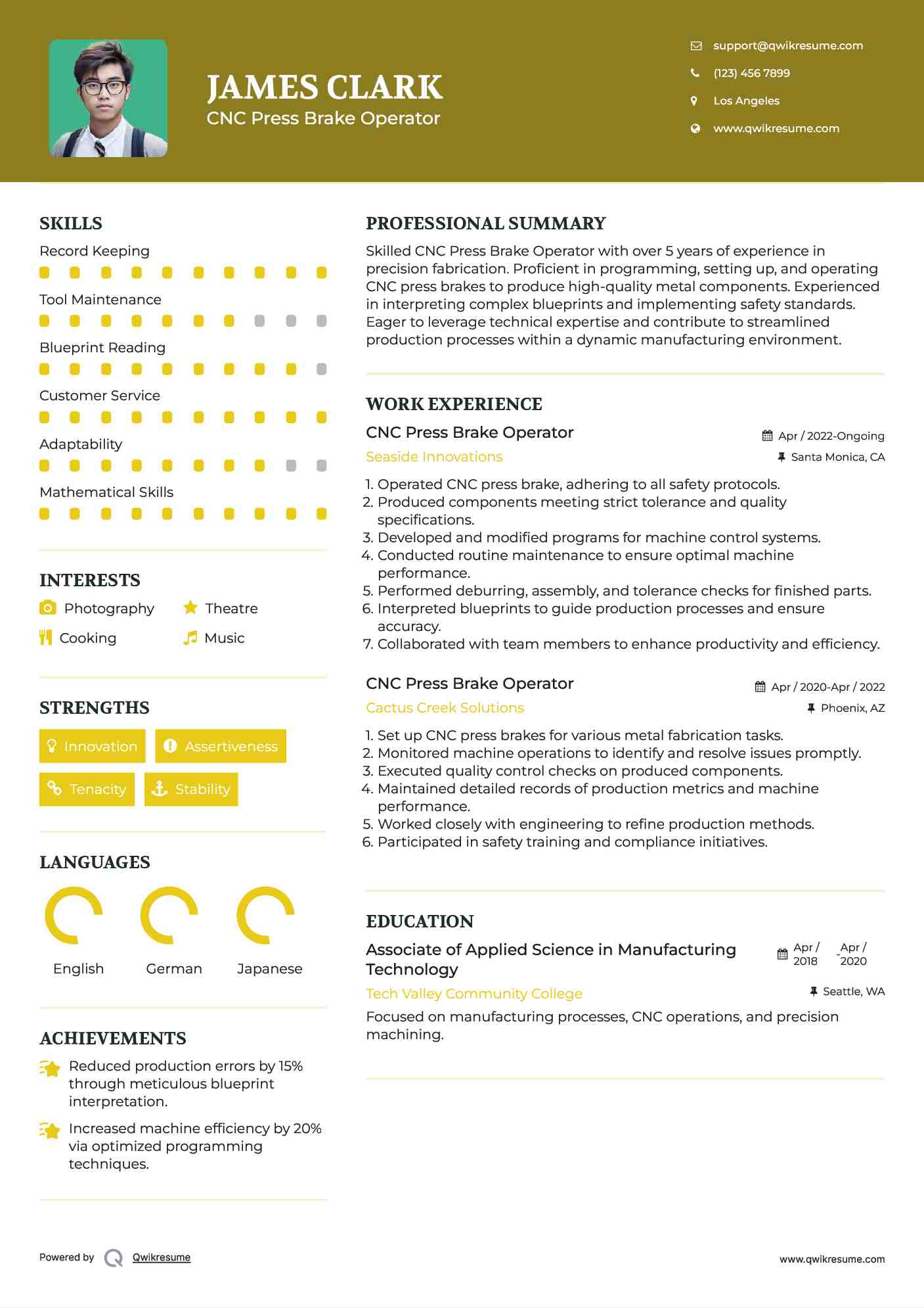 CNC Press Brake Operator Resume Model
