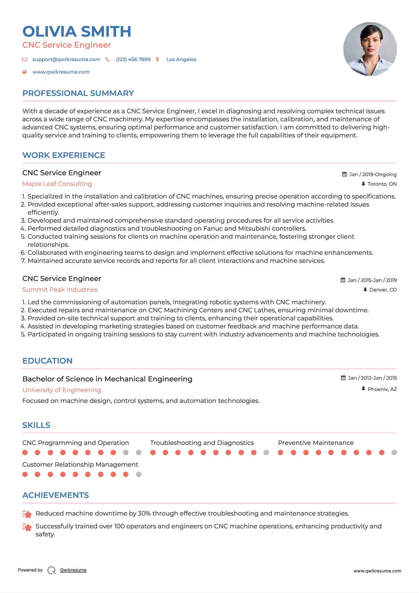 CNC Service Engineer Resume Sample