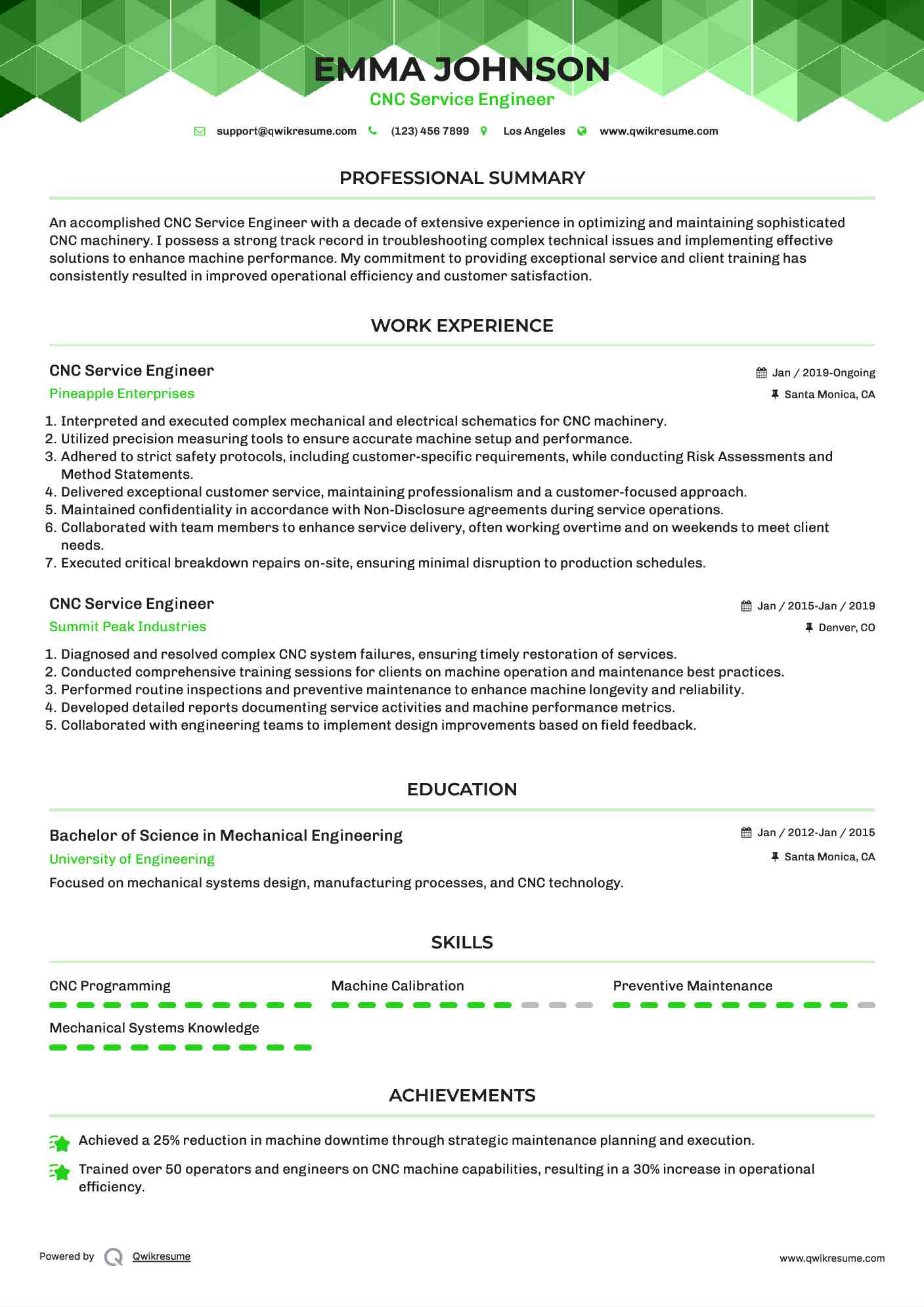 CNC Service Engineer Resume Template
