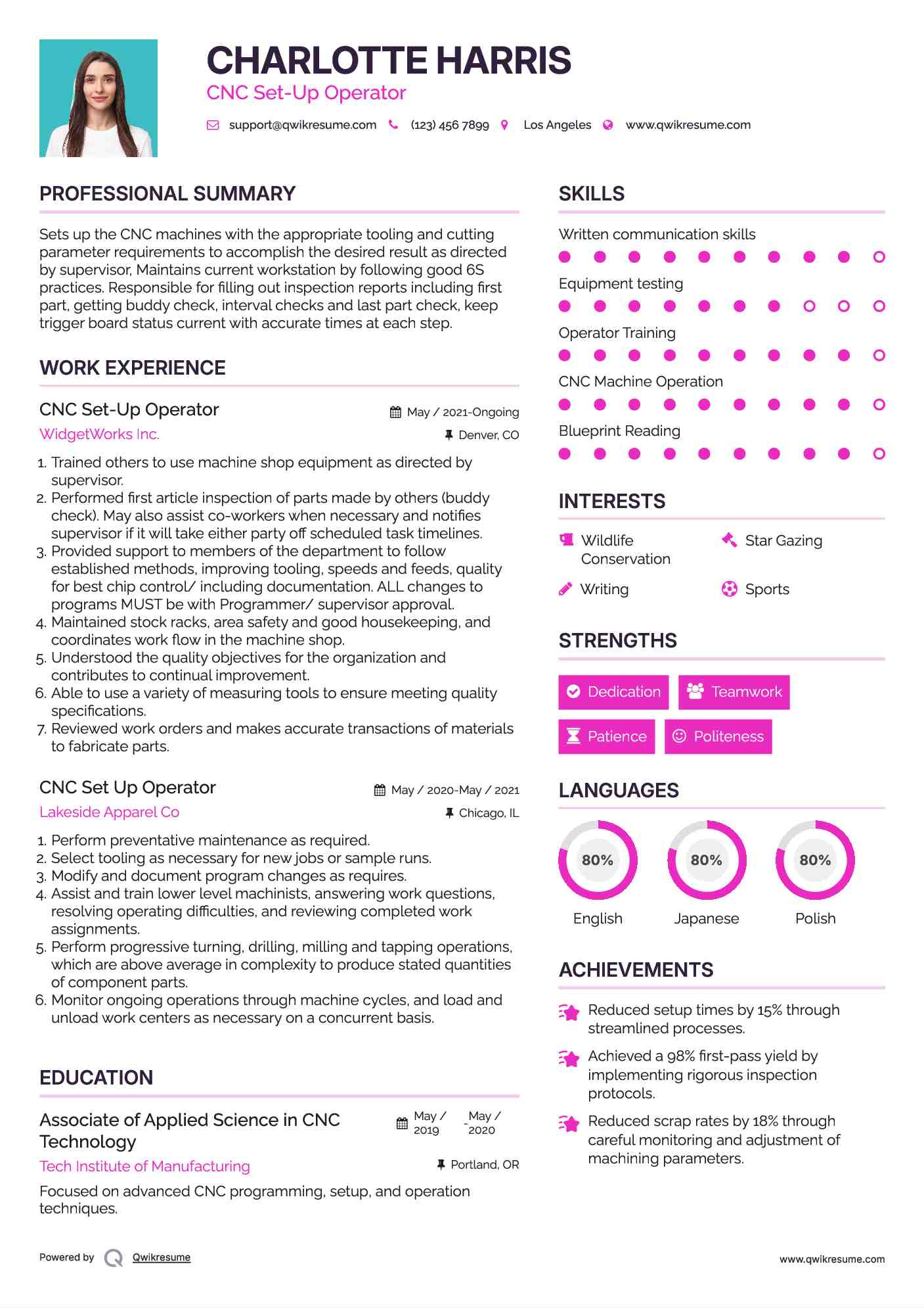 CNC Set Up Operator Resume Samples QwikResume