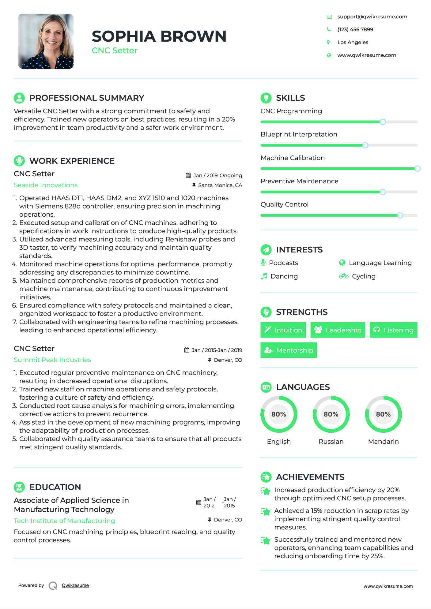 CNC Setter Resume Example