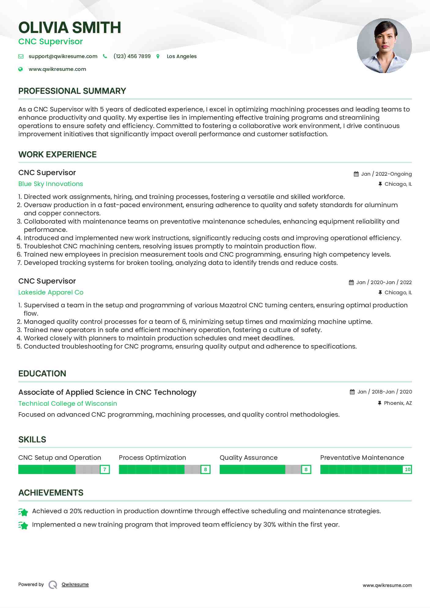 CNC Supervisor Resume Sample