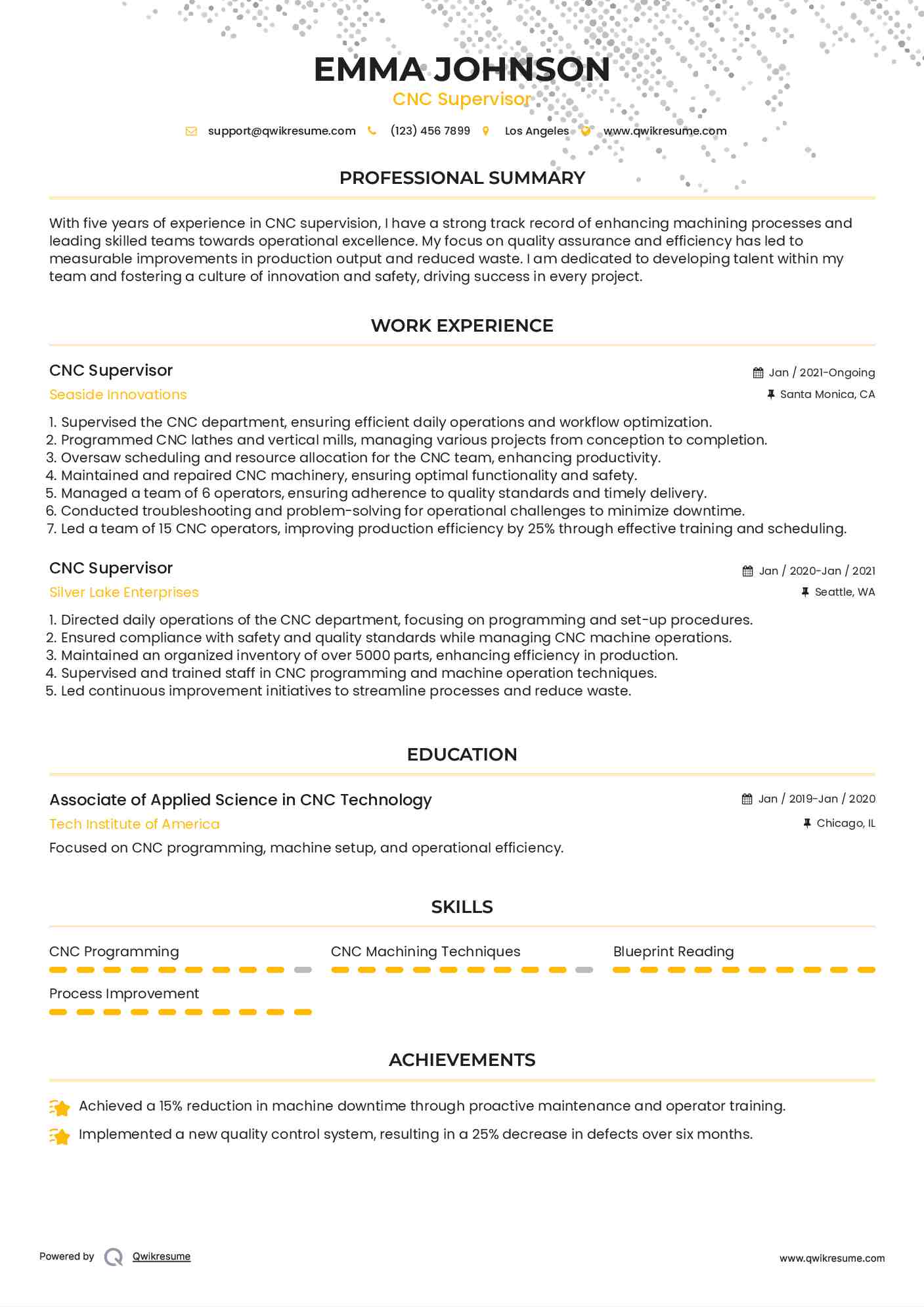 CNC Supervisor Resume Example