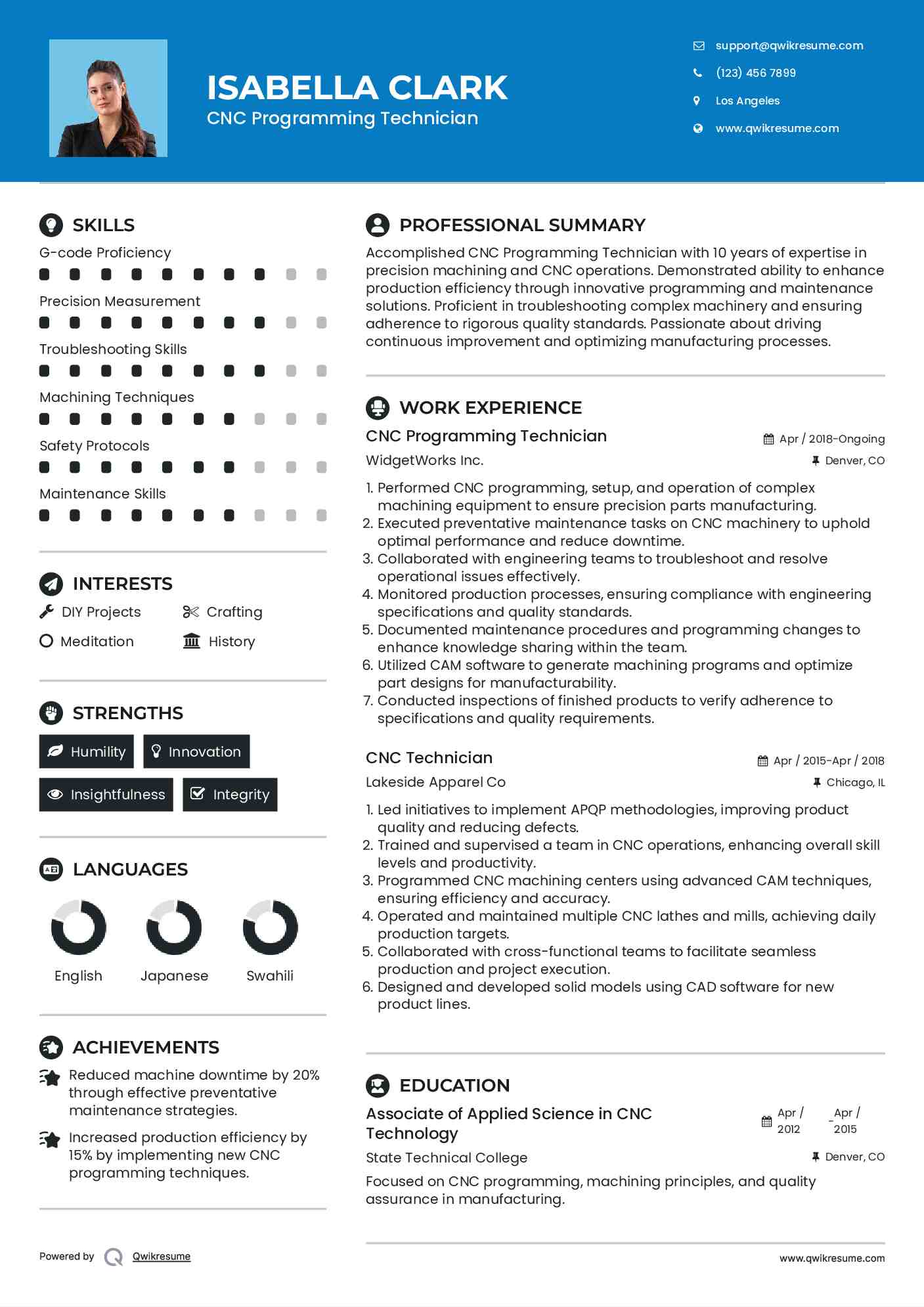 CNC Programming Technician Resume Example