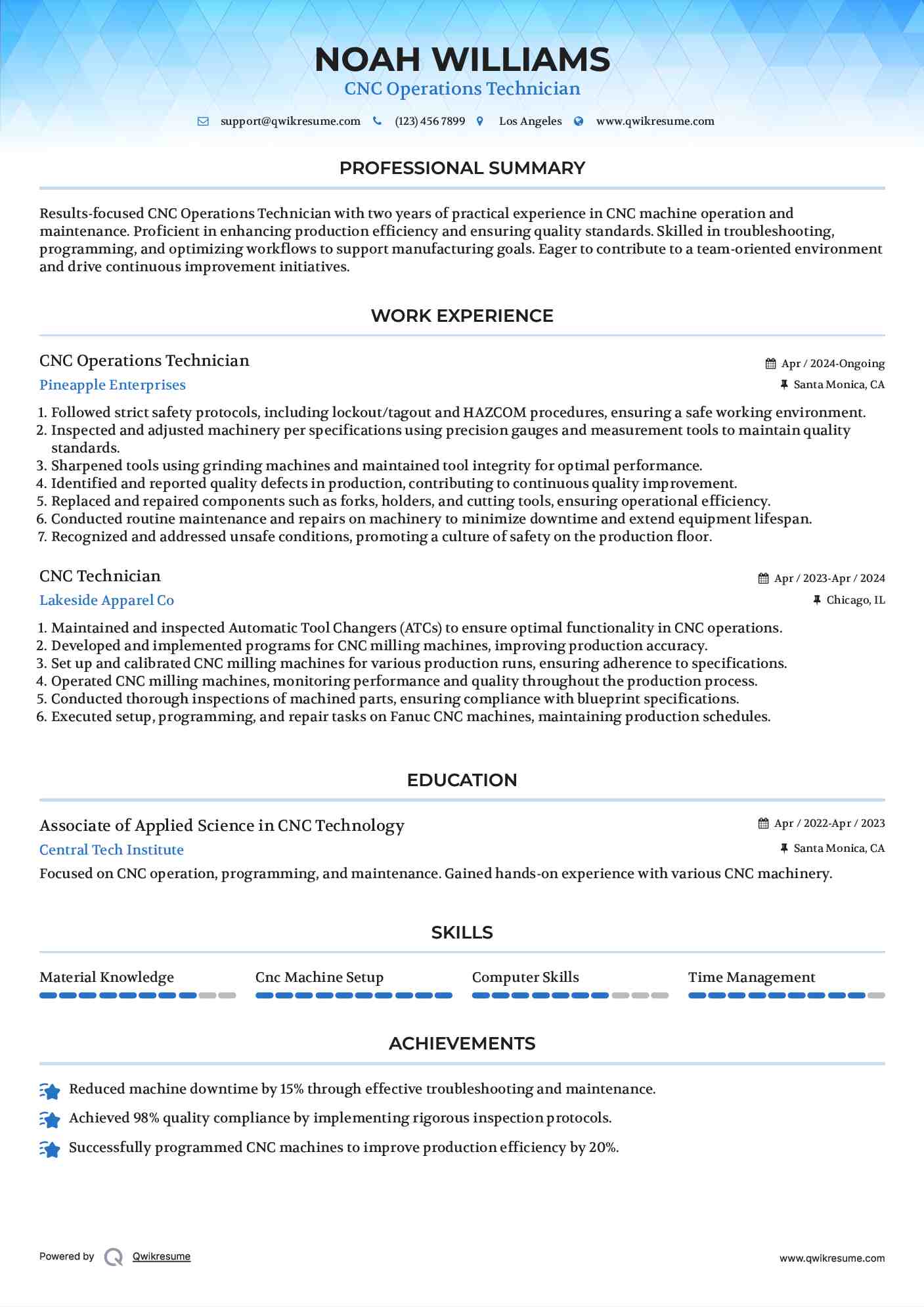 CNC Operations Technician Resume Template