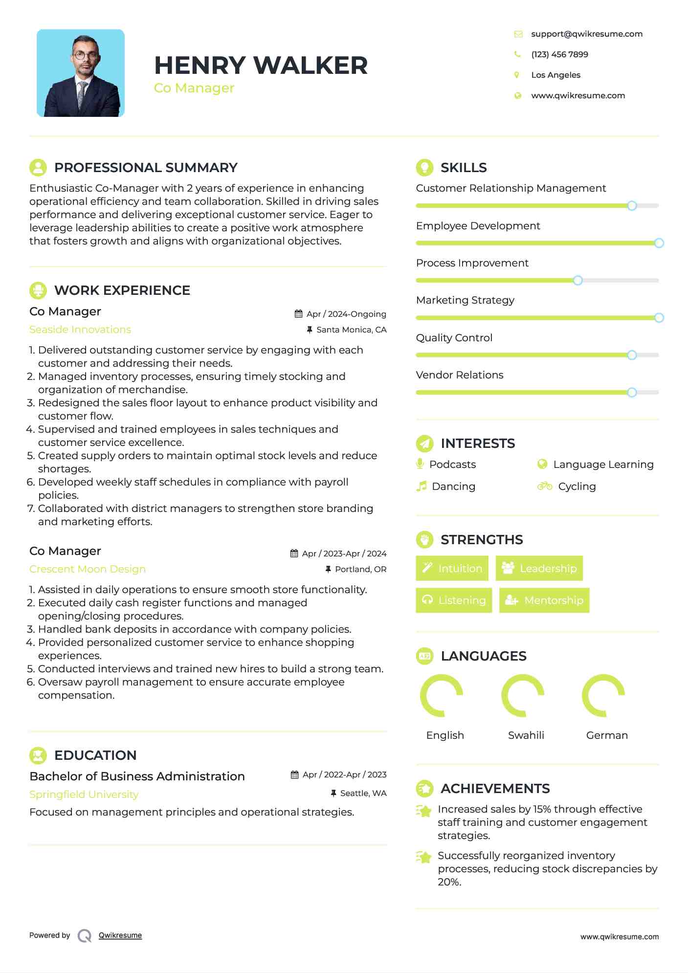 Co Manager Resume Samples QwikResume