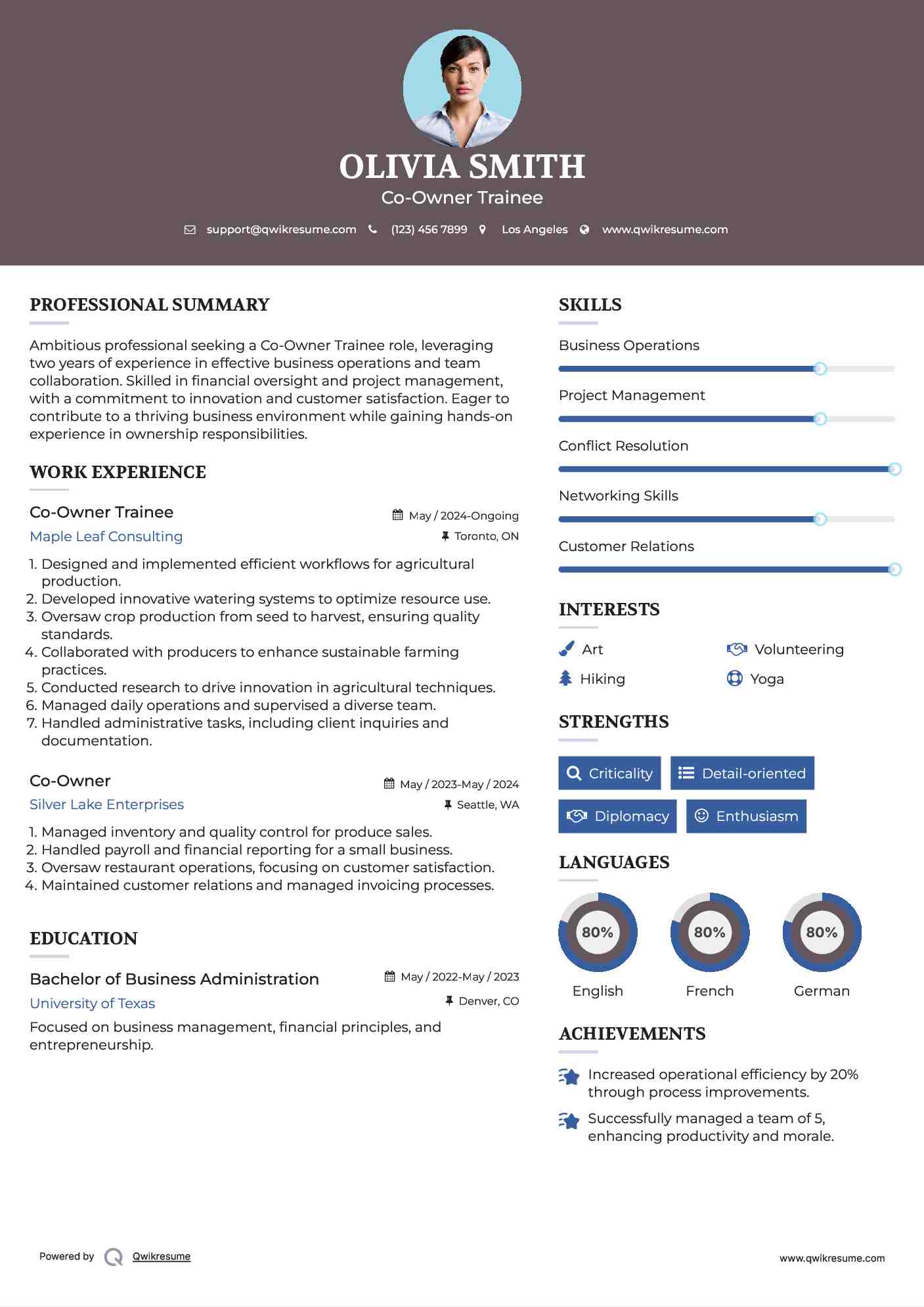 Co-Owner Trainee Resume Template