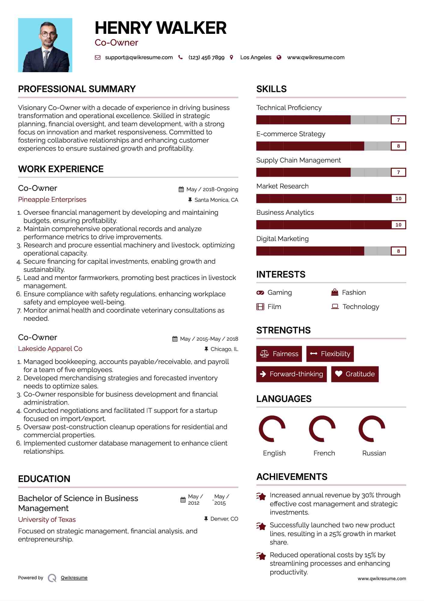Co-Owner Resume Format
