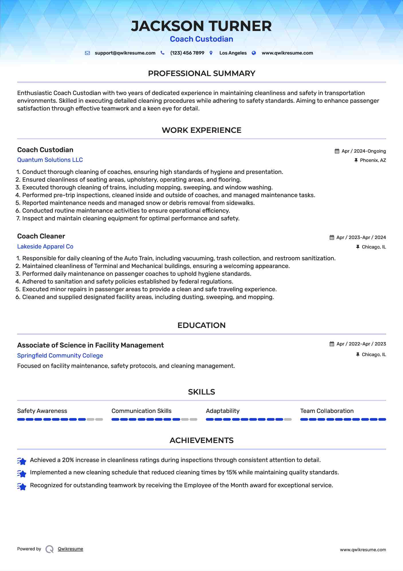 Coach Custodian Resume Model