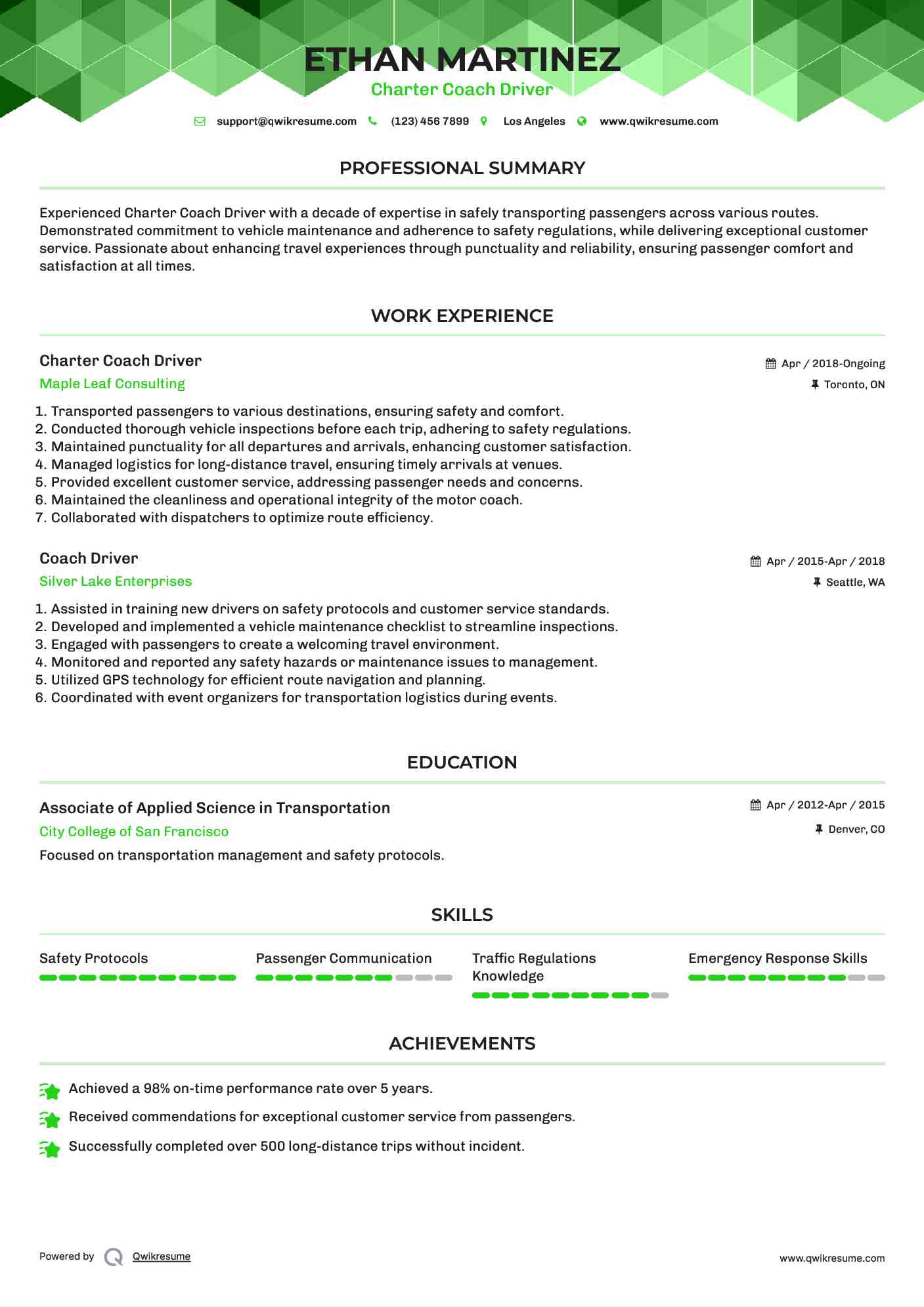 Charter Coach Driver Resume Model