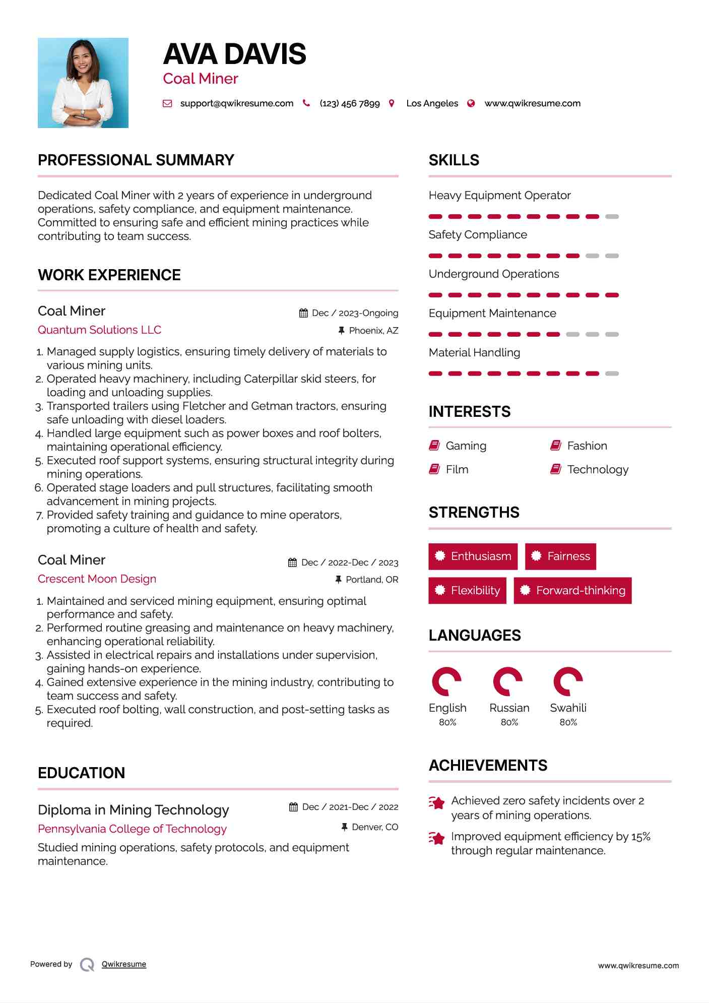Coal Miner Resume Sample