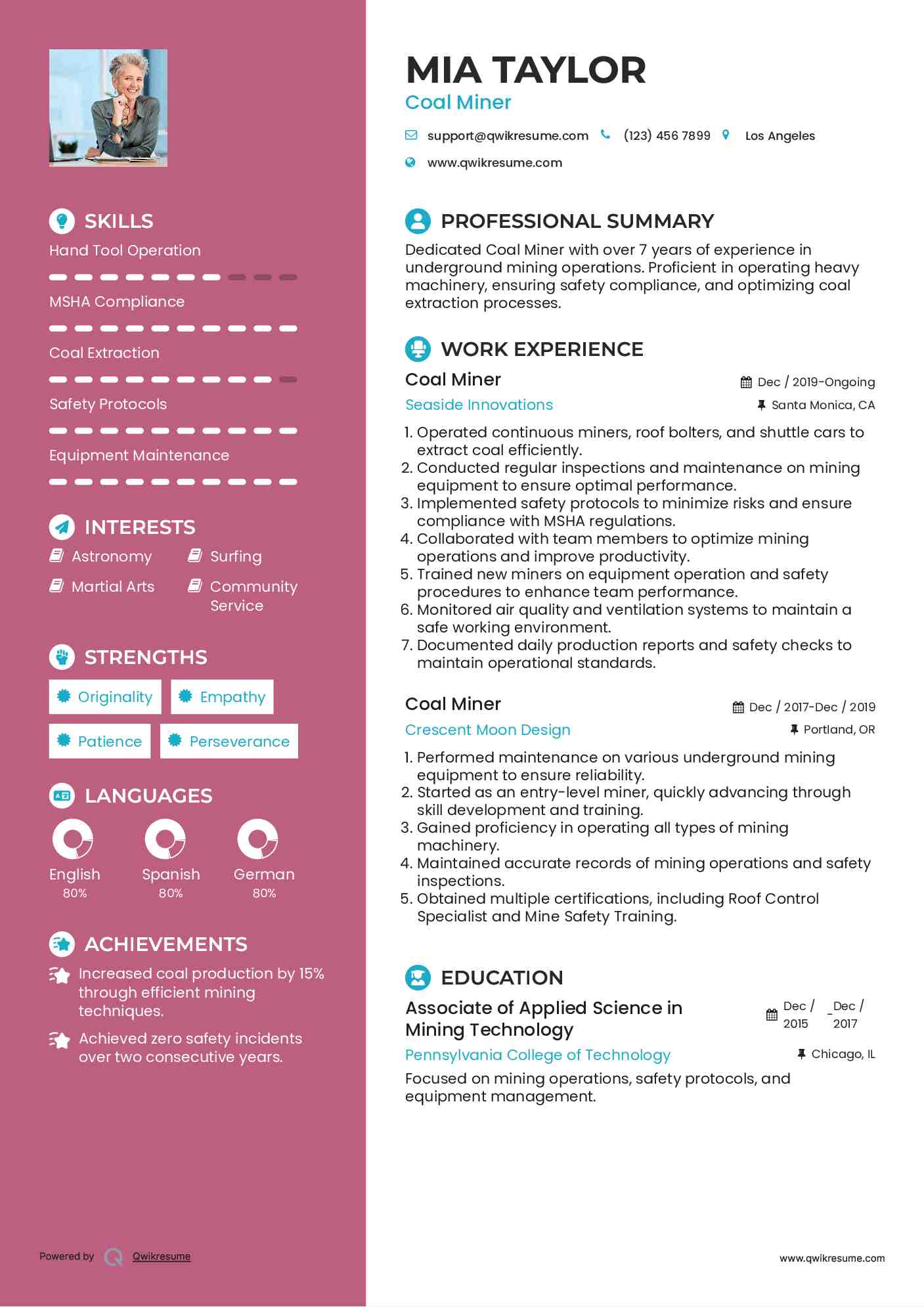 Coal Miner Resume Model