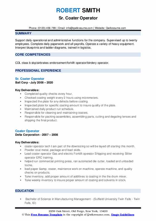Coater Operator Resume Samples QwikResume