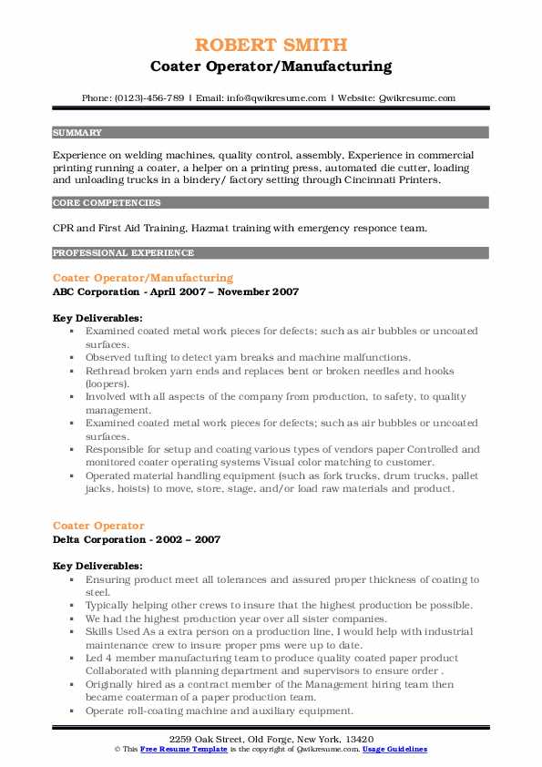 Coater Operator Resume Samples QwikResume