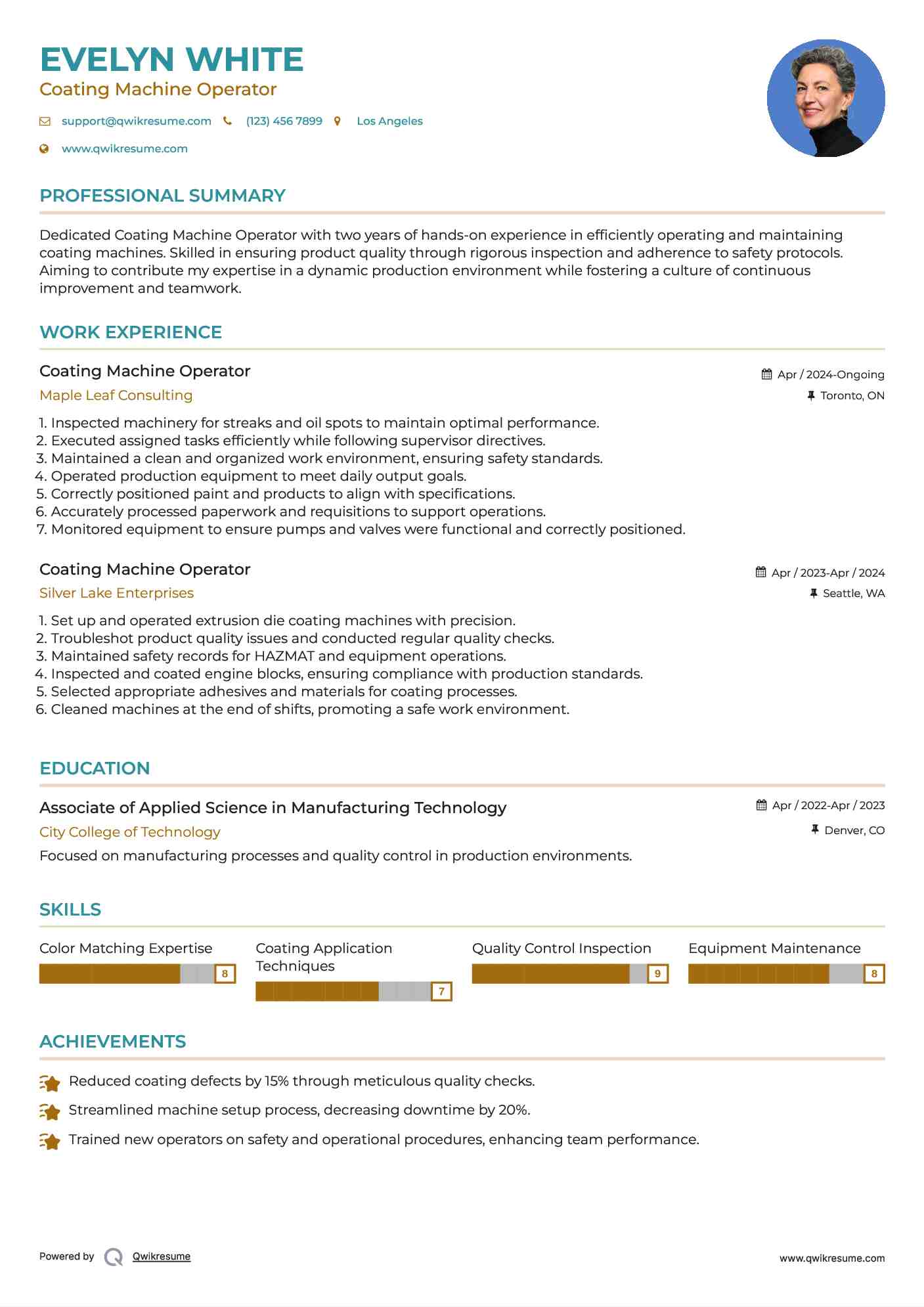 Coating Machine Operator Resume Sample