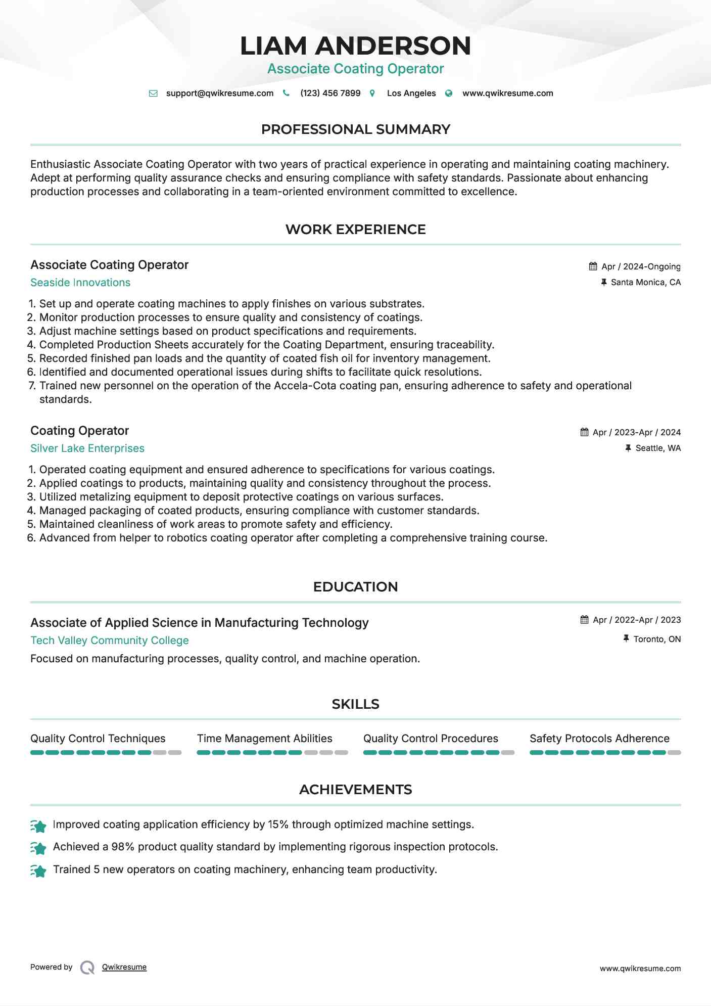 Associate Coating Operator  Resume Example